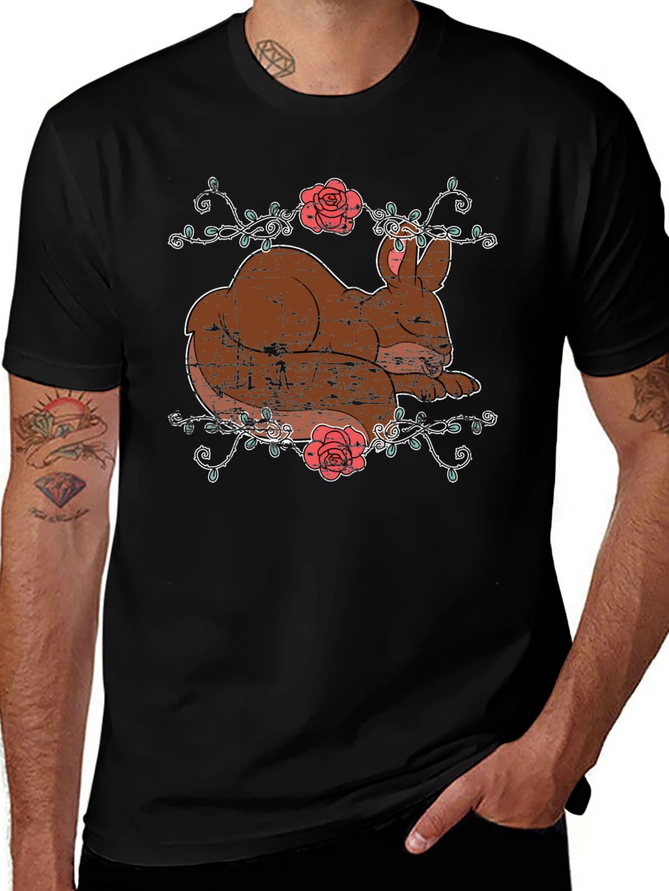 Cute Bunny & Roses Black T-Shirt