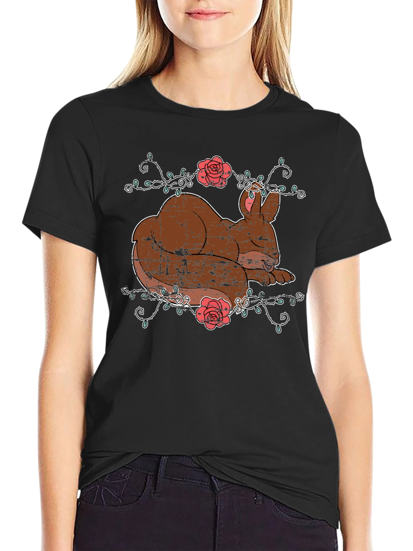 Cute Bunny & Roses Black T-Shirt