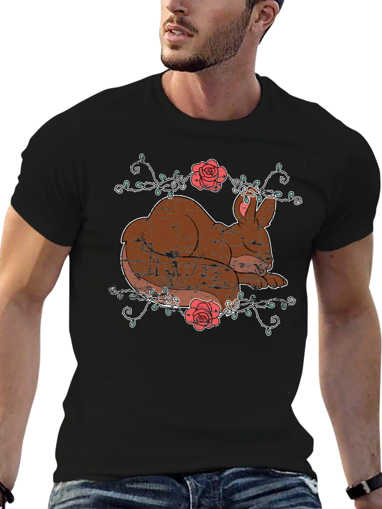 Cute Bunny & Roses Black T-Shirt