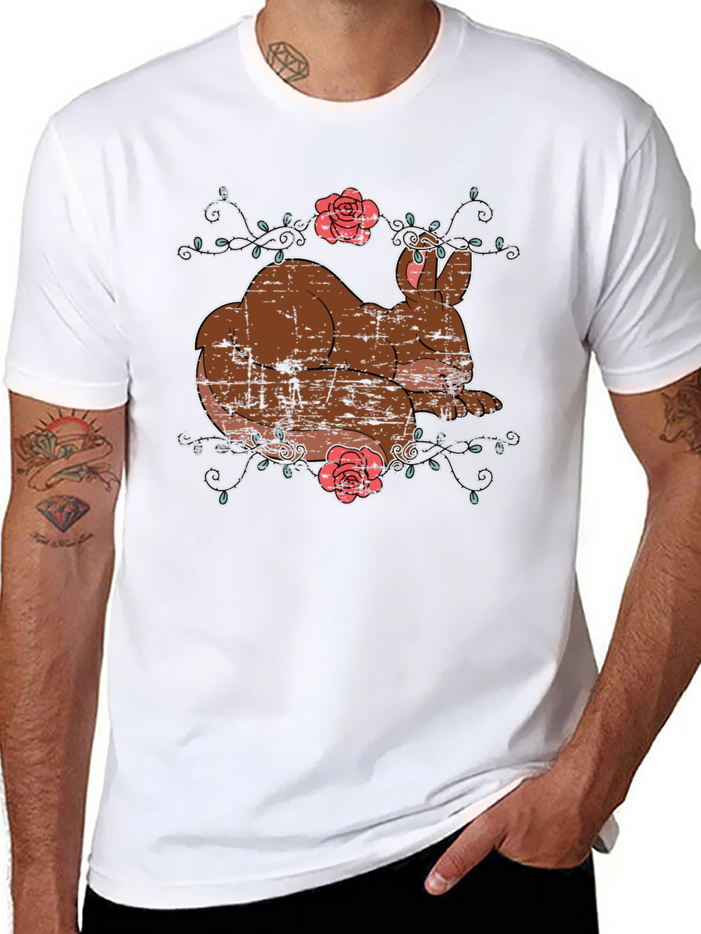 Cute Bunny & Roses Black T-Shirt