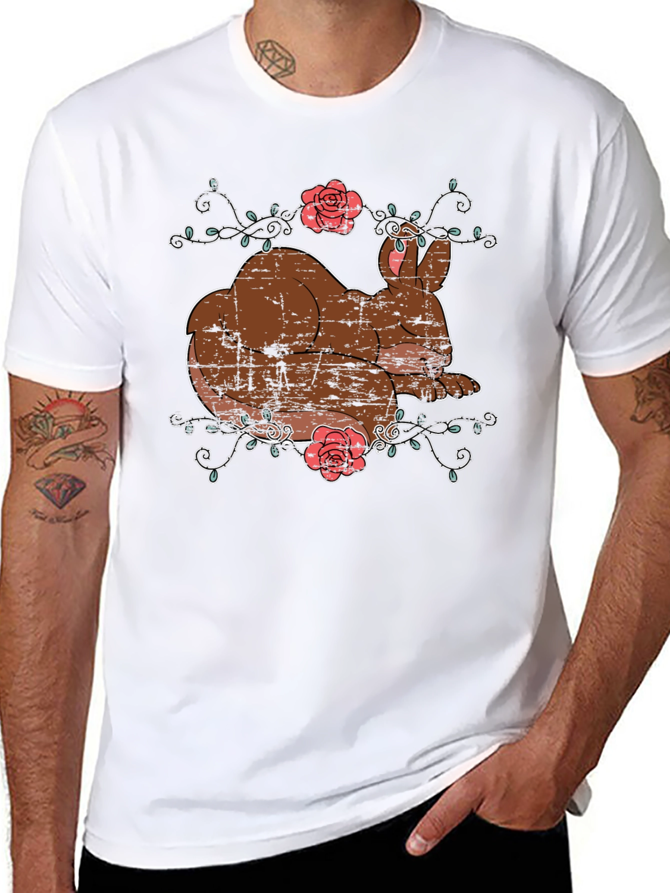 Cute Bunny & Roses Black T-Shirt