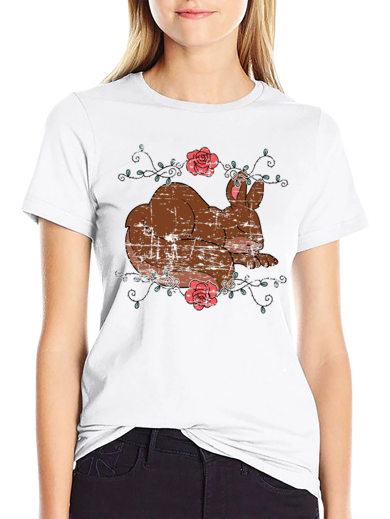 Cute Bunny & Roses Black T-Shirt