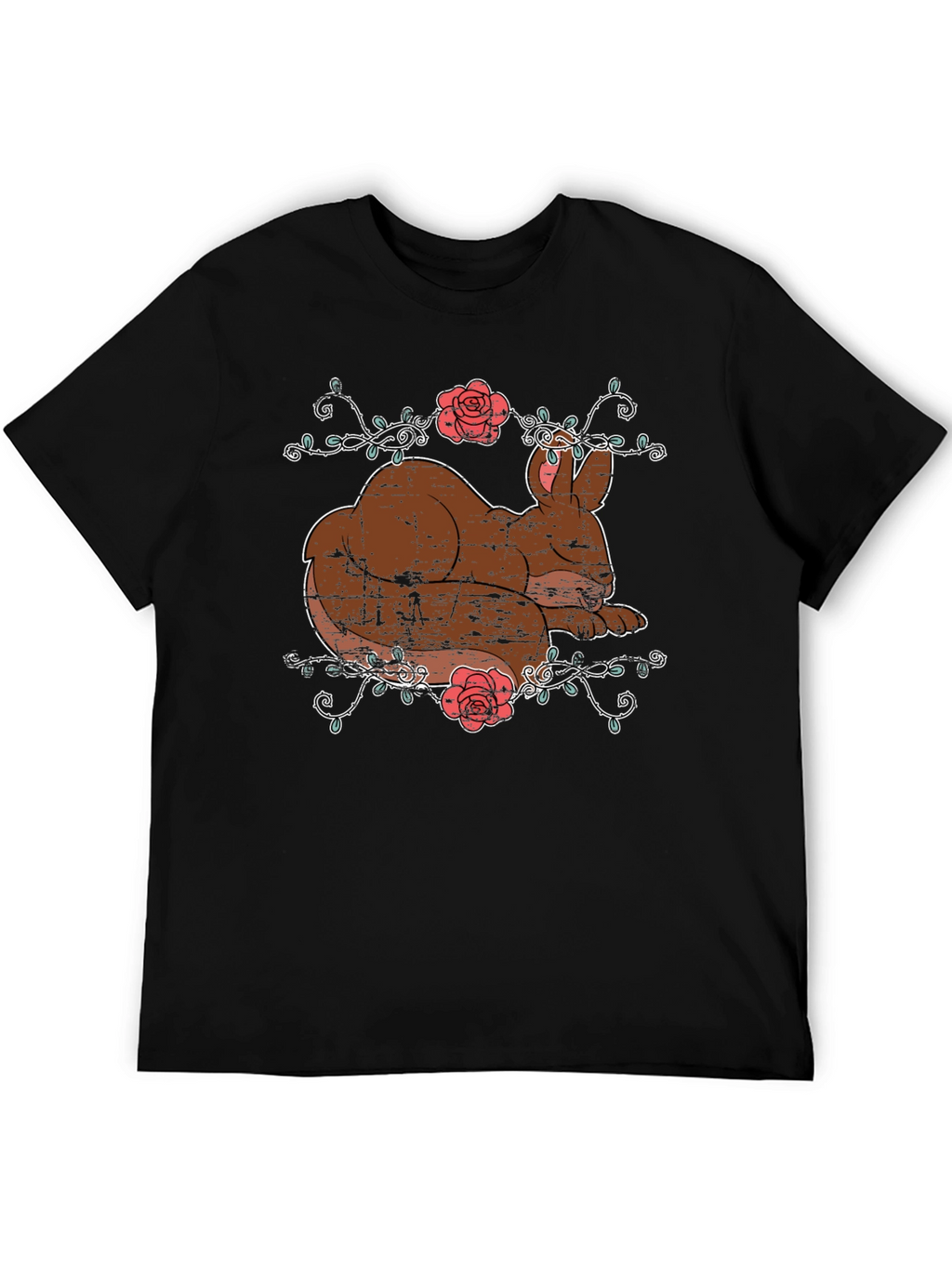Cute Bunny & Roses Black T-Shirt