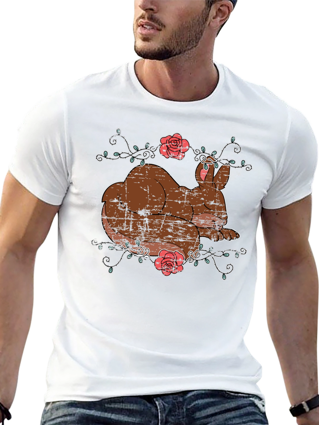 Cute Bunny & Roses Black T-Shirt