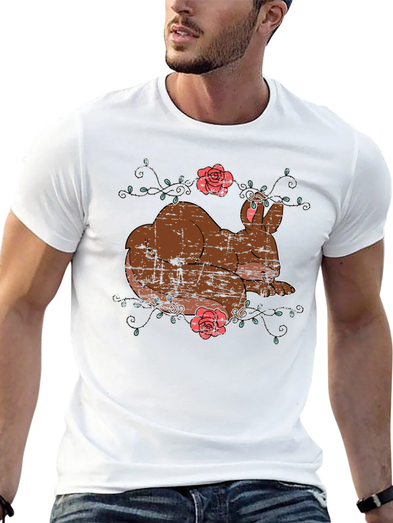 Cute Bunny & Roses Black T-Shirt