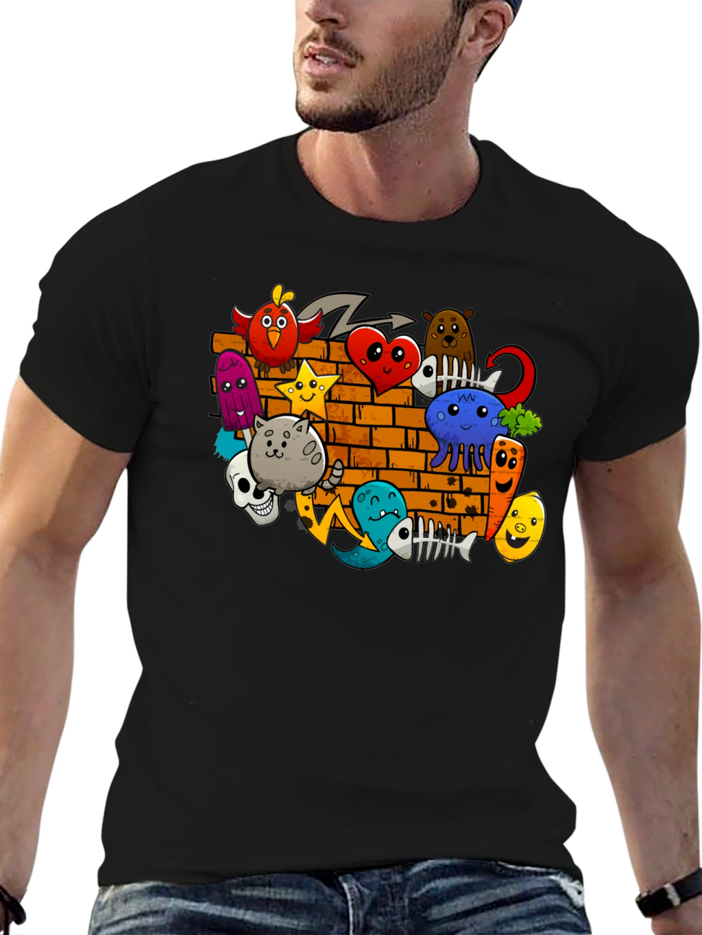 Cartoon Doodle Graffiti Black T-Shirt