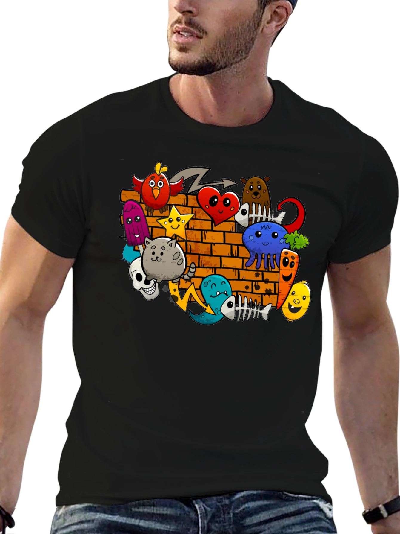 Cartoon Doodle Graffiti Black T-Shirt