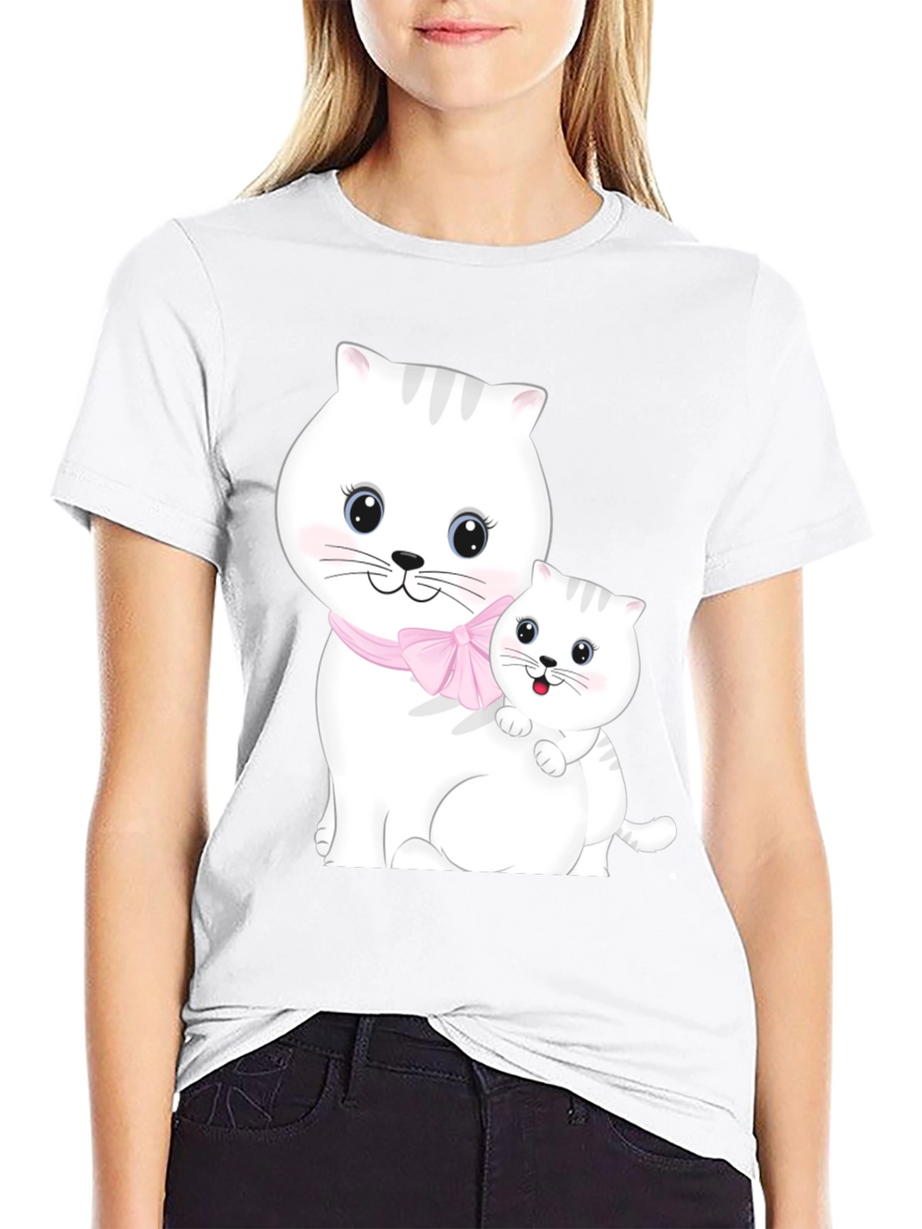 Cute Cat Mom and Kitten Black T-Shirt