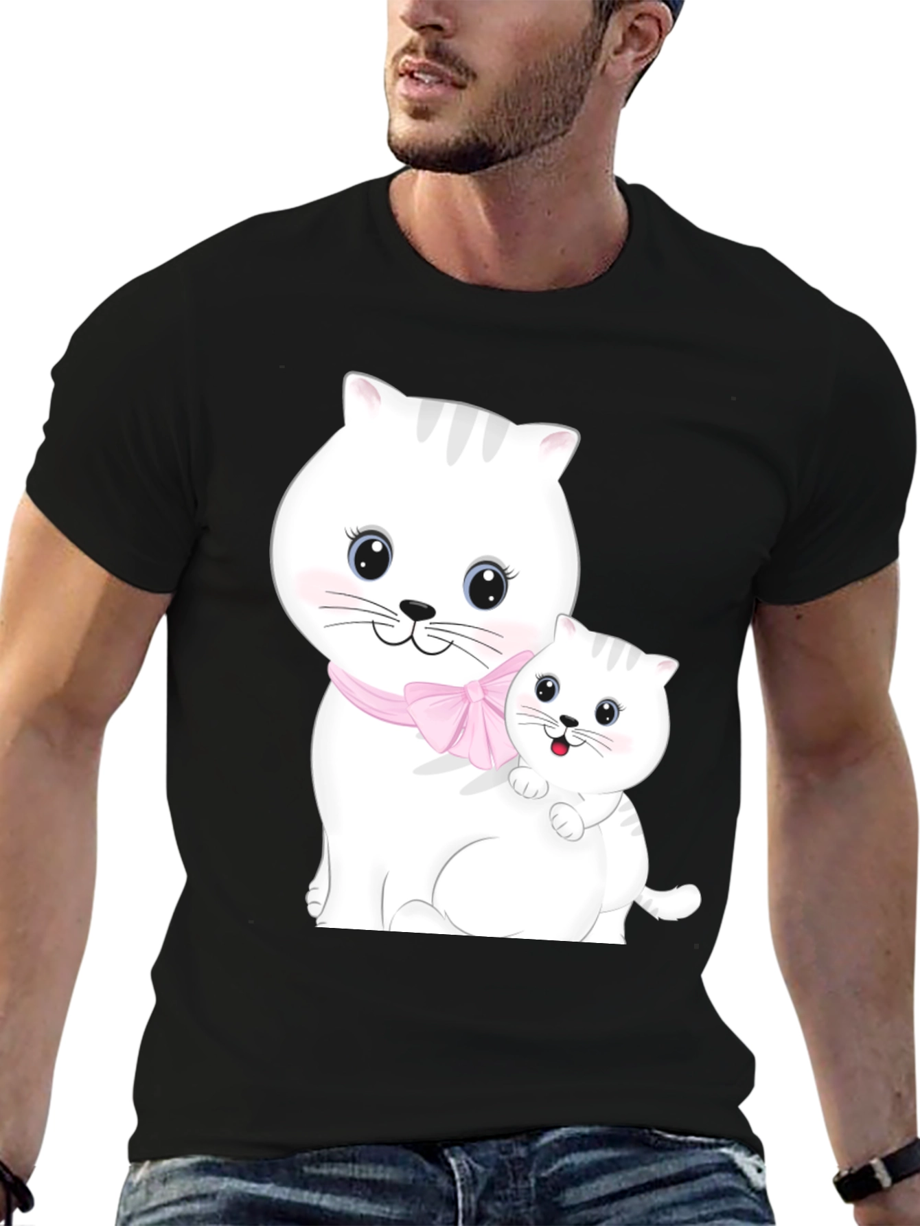 Cute Cat Mom and Kitten Black T-Shirt