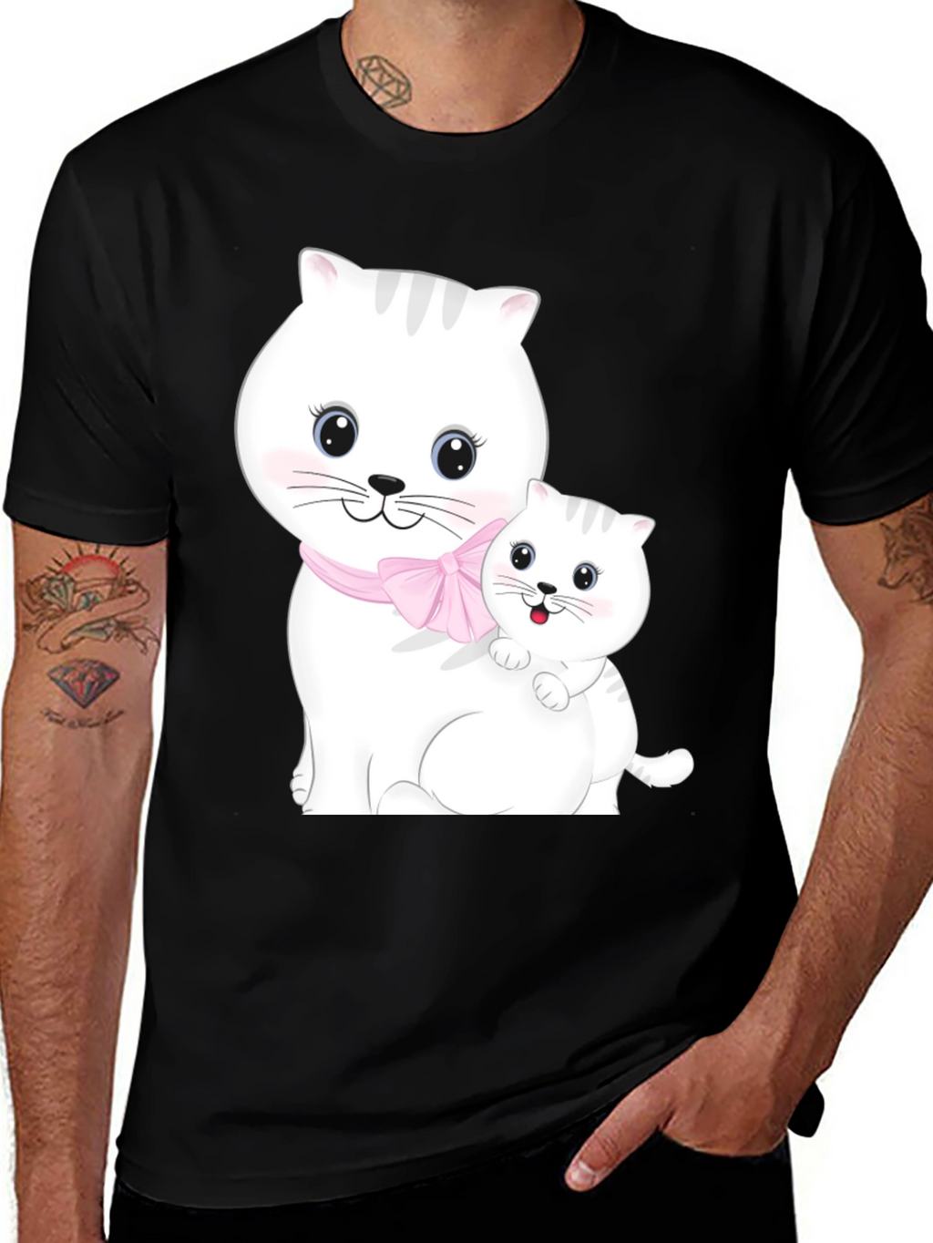 Cute Cat Mom and Kitten Black T-Shirt