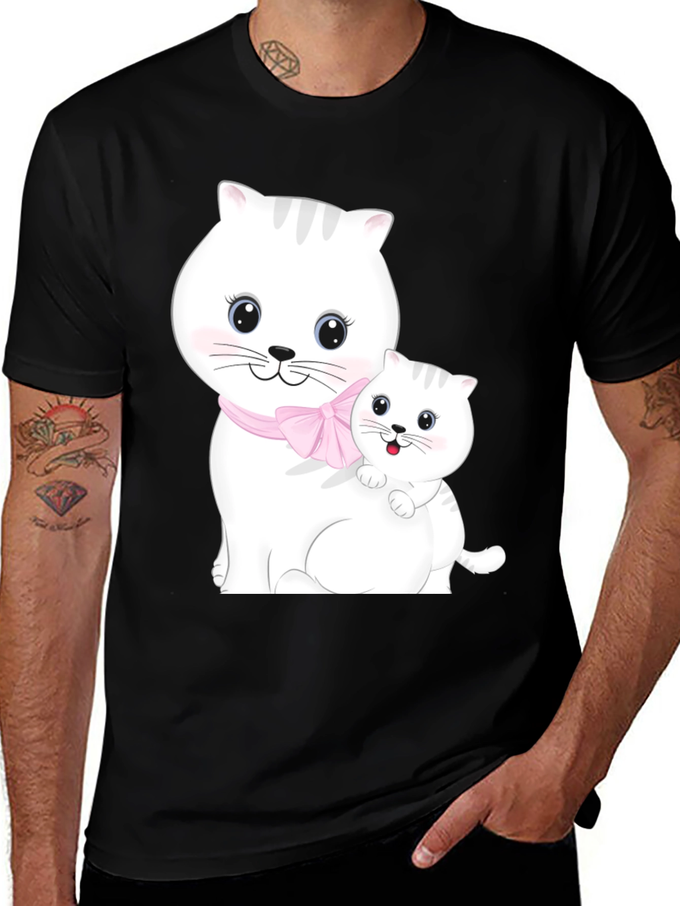 Cute Cat Mom and Kitten Black T-Shirt