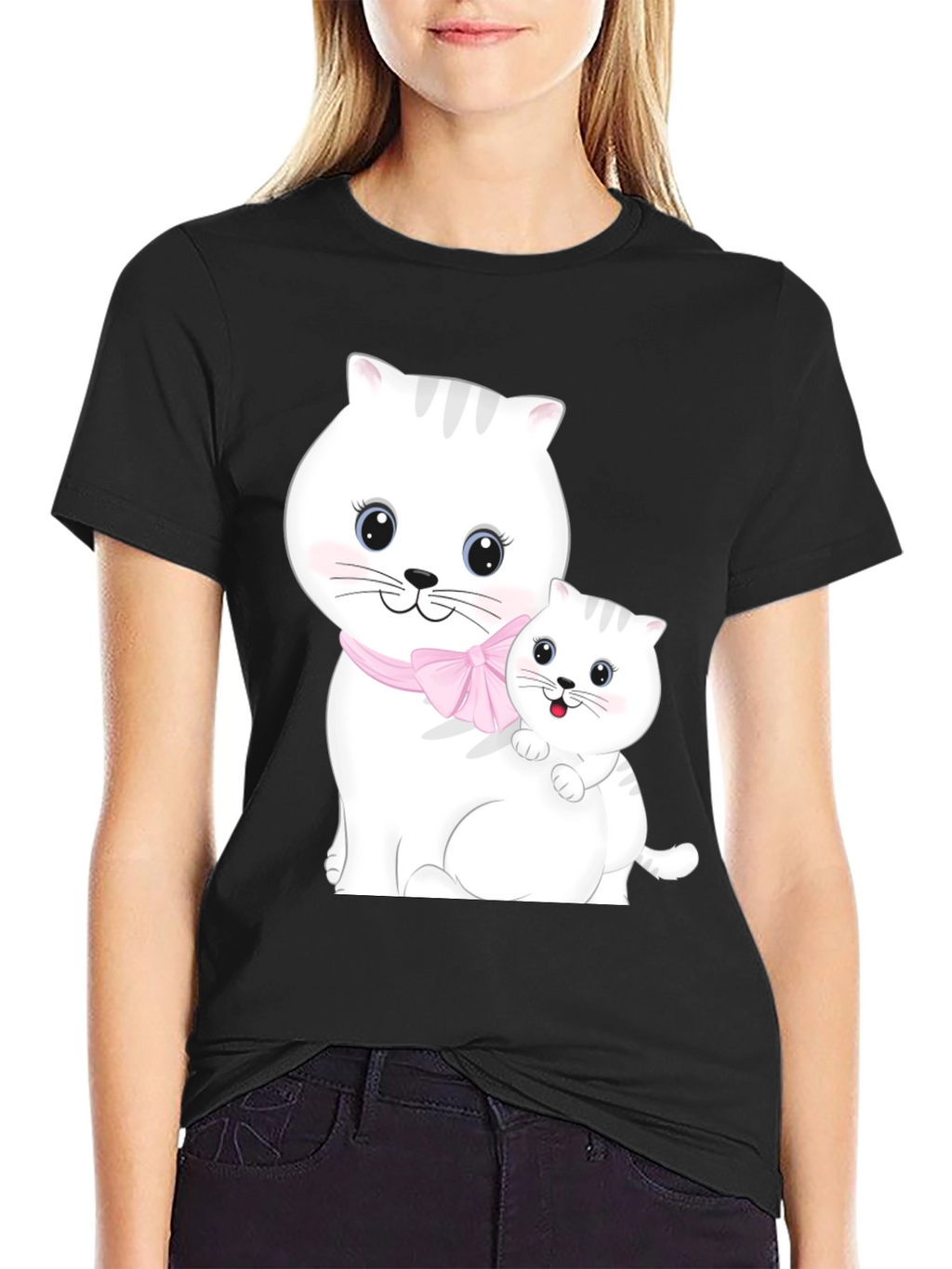 Cute Cat Mom and Kitten Black T-Shirt