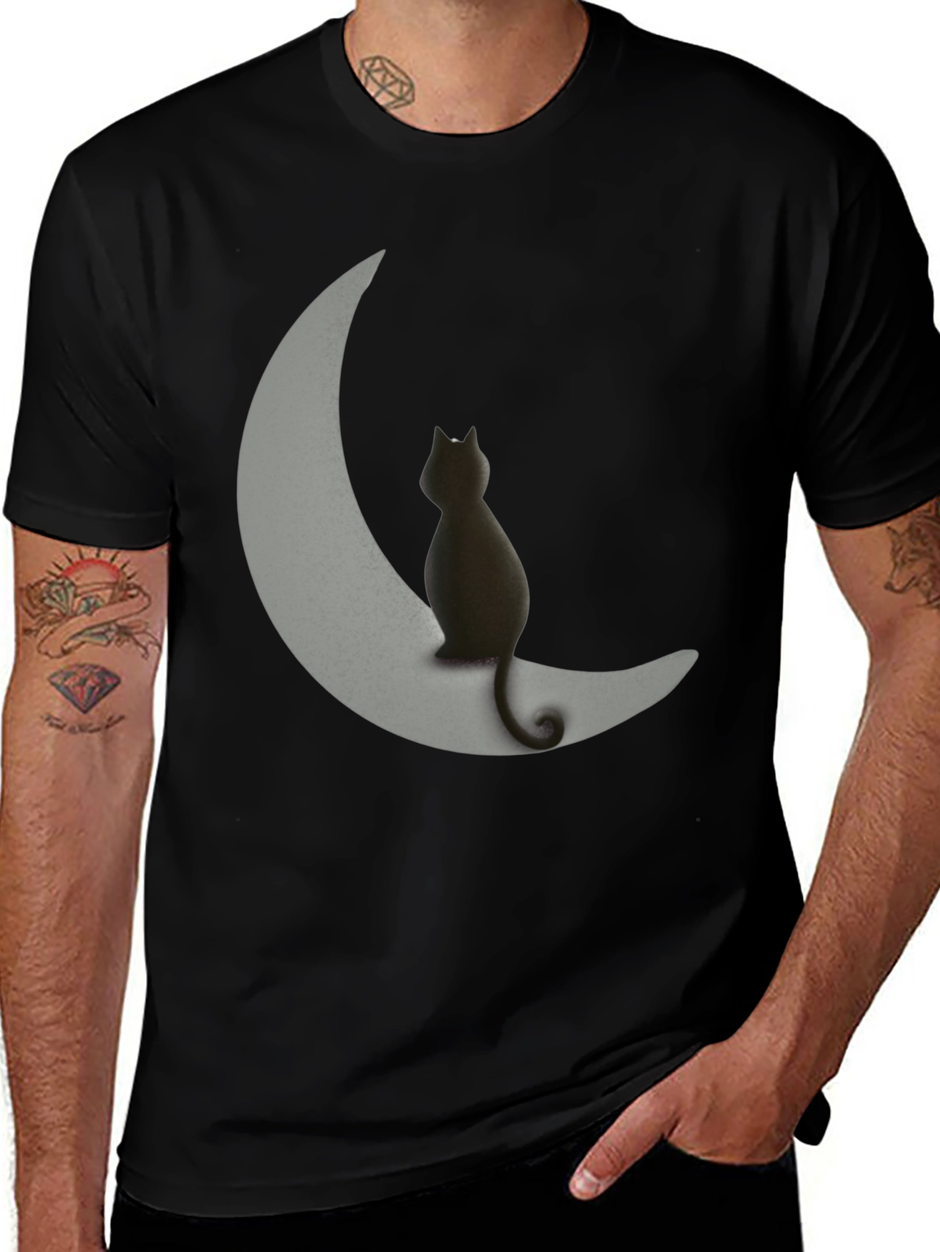 Black Cat on Moon Graphic Tee - Unique Design