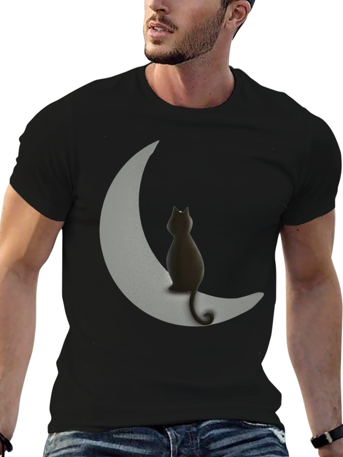 Black Cat on Moon Graphic Tee - Unique Design