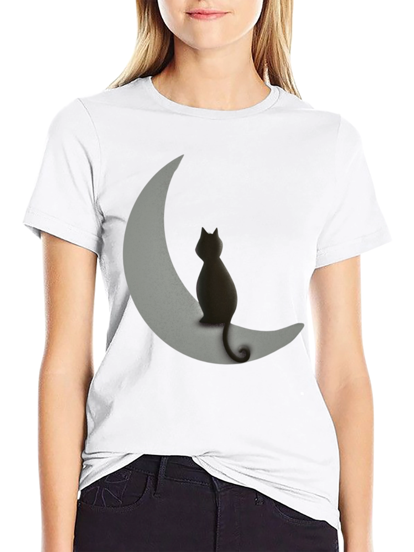 Black Cat on Moon Graphic Tee - Unique Design