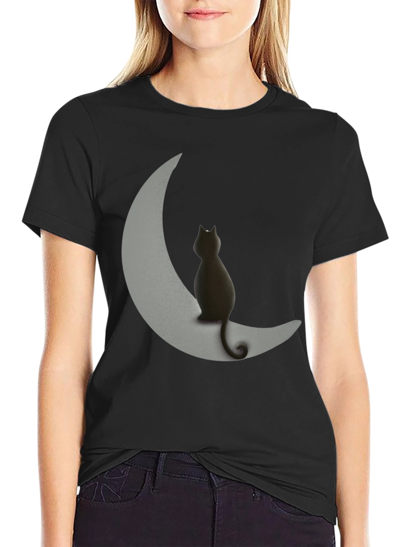 Black Cat on Moon Graphic Tee - Unique Design