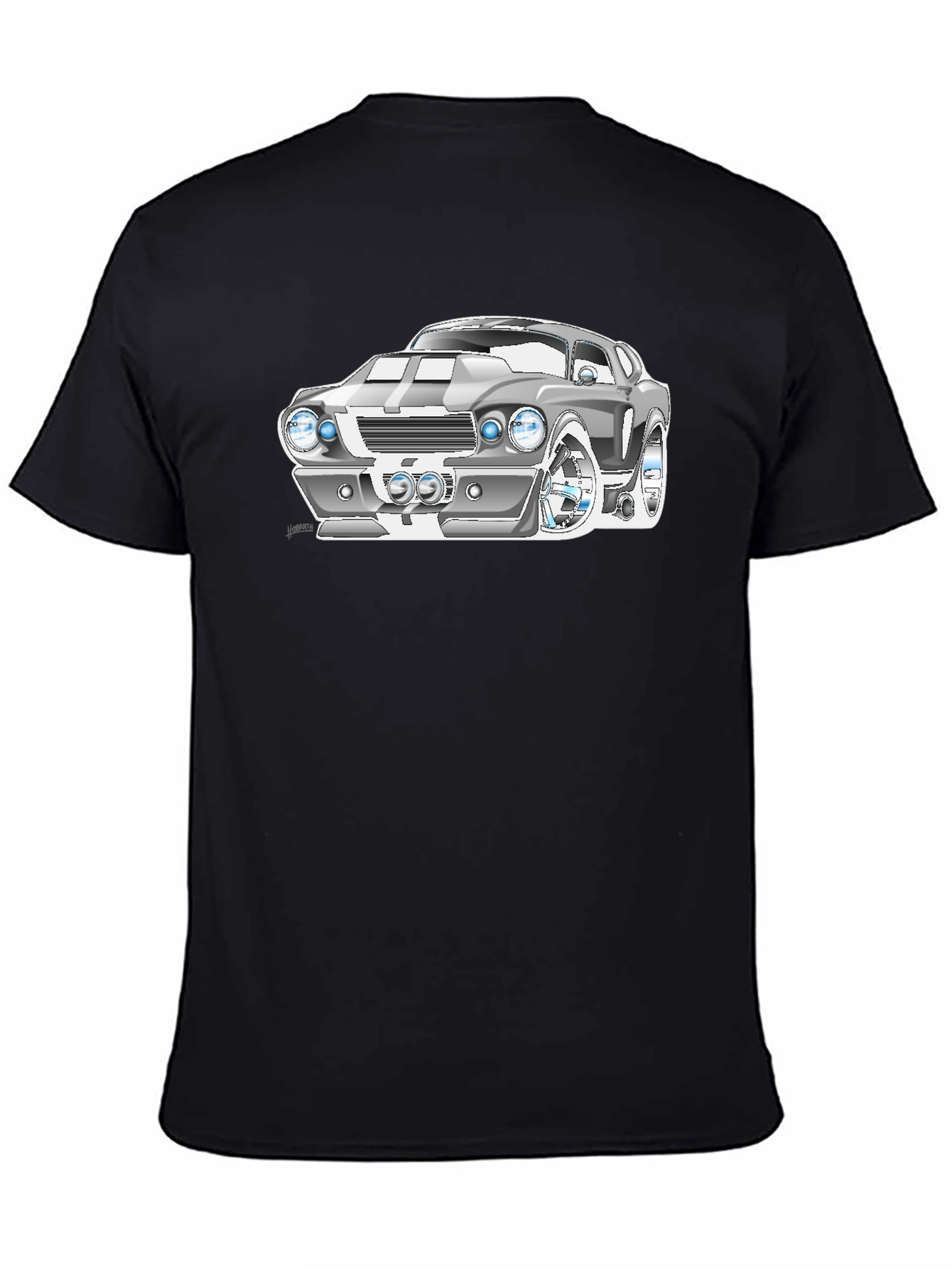 Cartoon Car Graphic Tee - Black Cotton T-Shirt