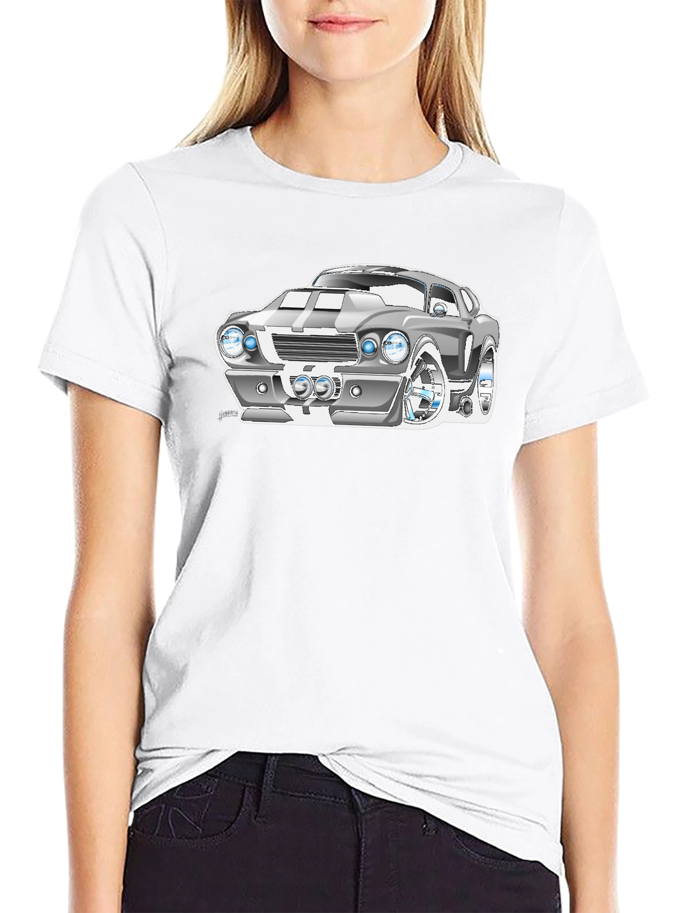 Cartoon Car Graphic Tee - Black Cotton T-Shirt