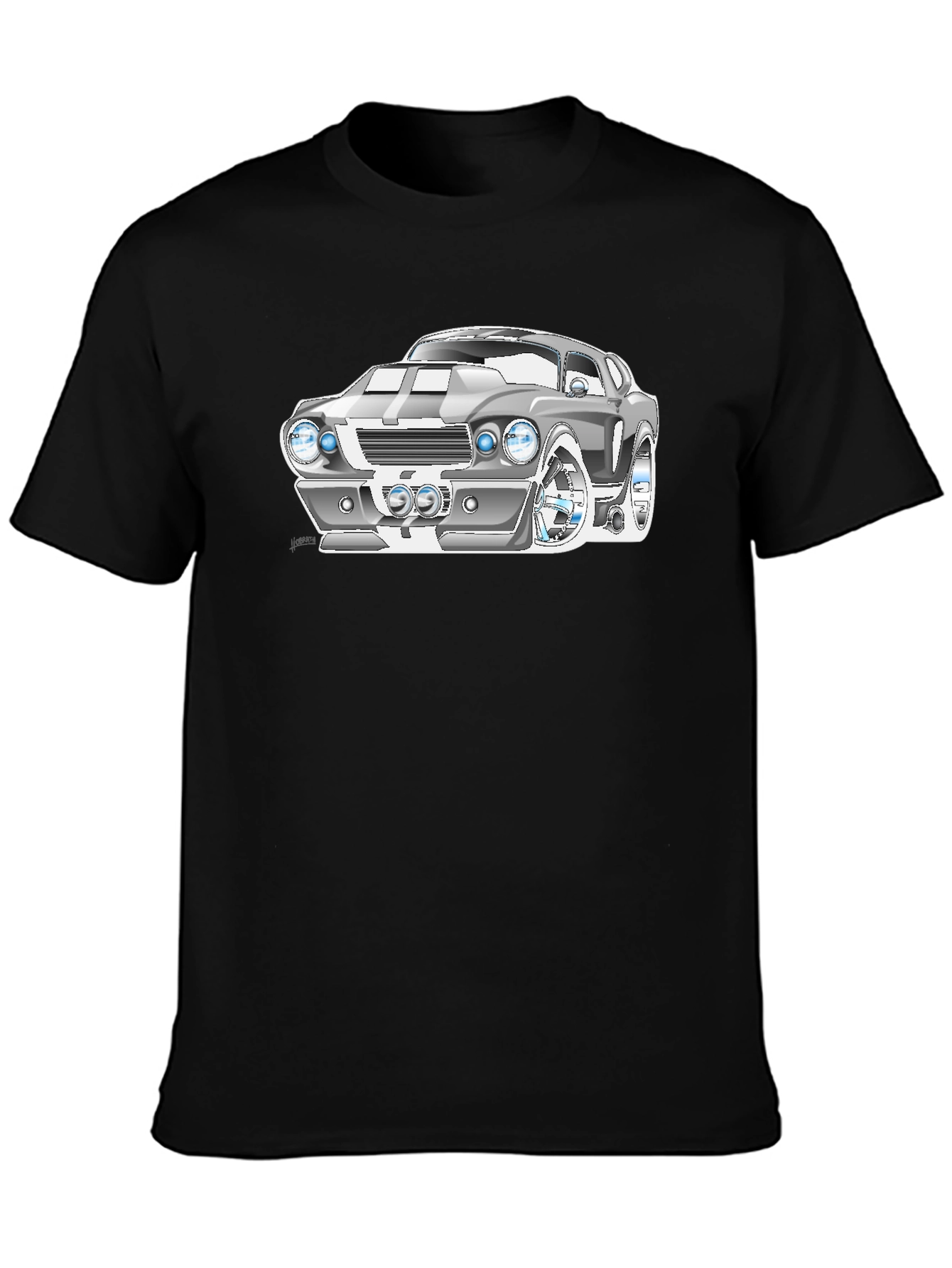 Cartoon Car Graphic Tee - Black Cotton T-Shirt
