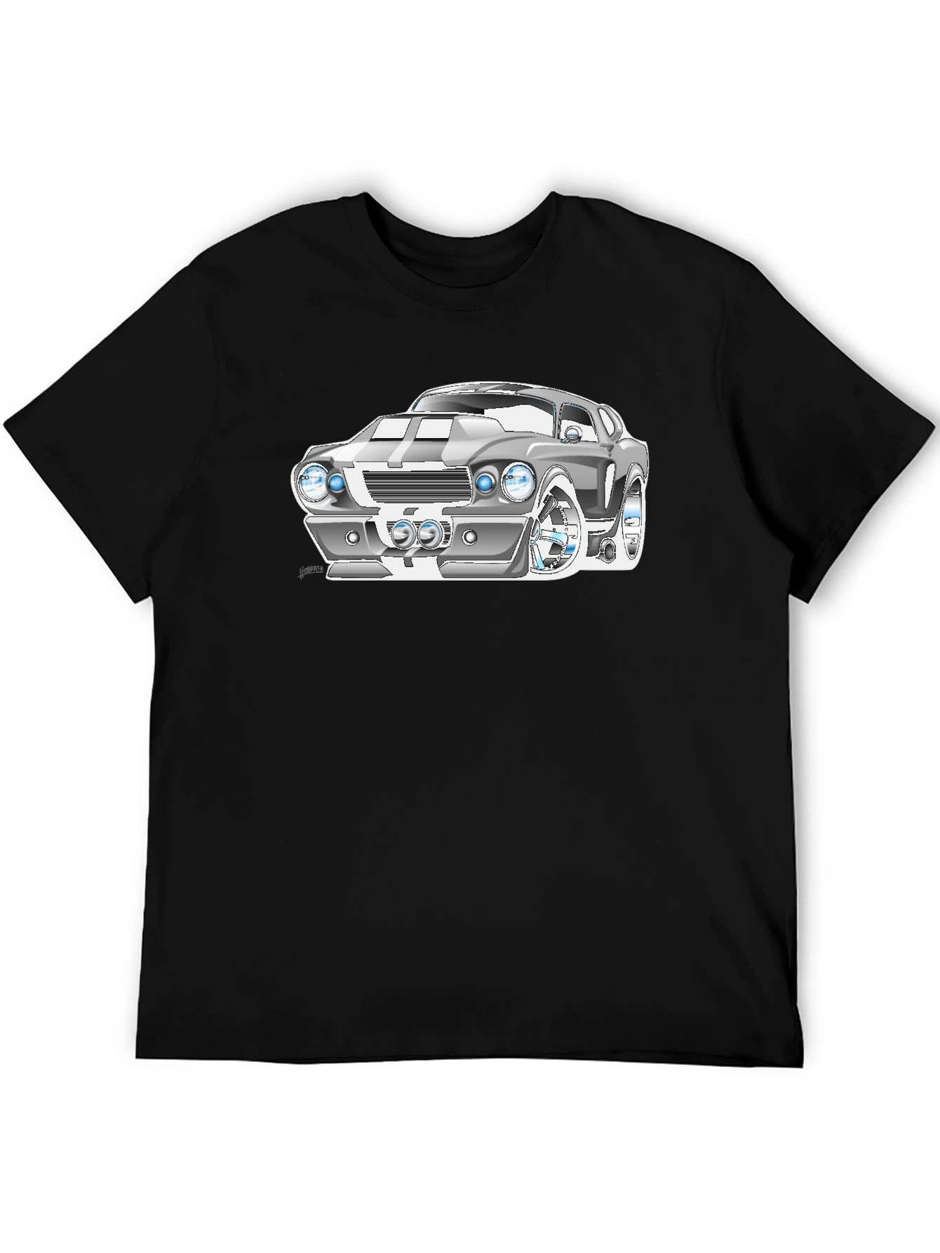 Cartoon Car Graphic Tee - Black Cotton T-Shirt