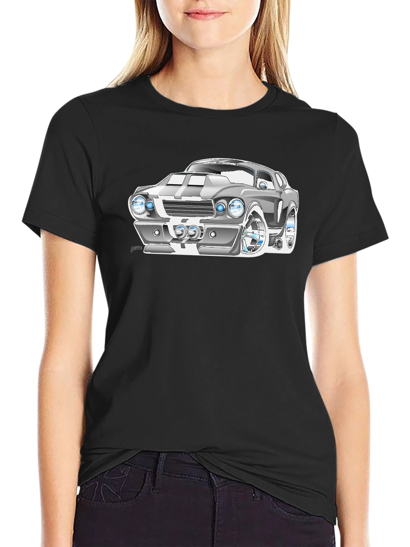 Cartoon Car Graphic Tee - Black Cotton T-Shirt