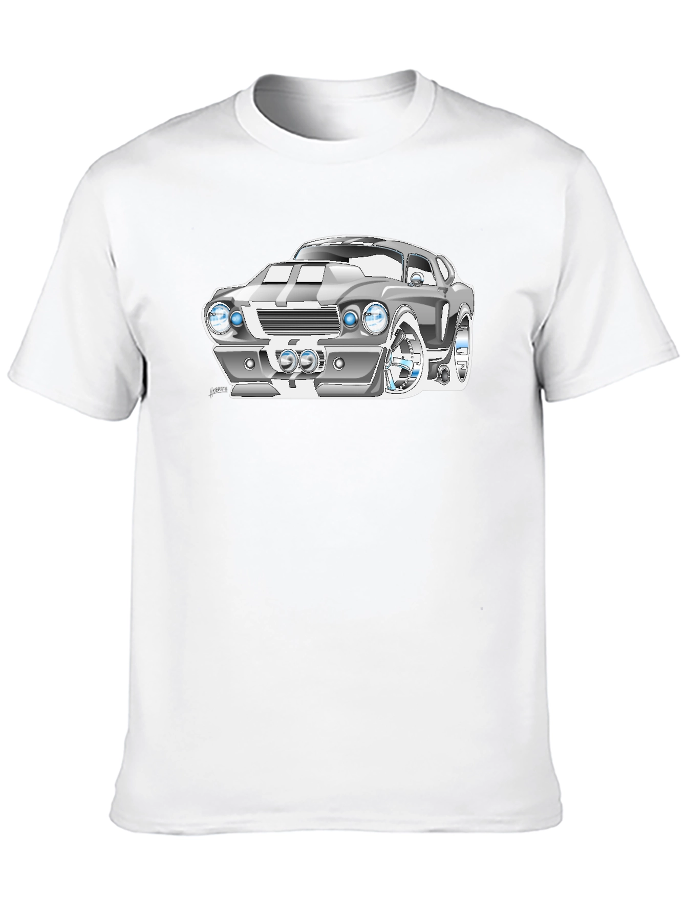 Cartoon Car Graphic Tee - Black Cotton T-Shirt