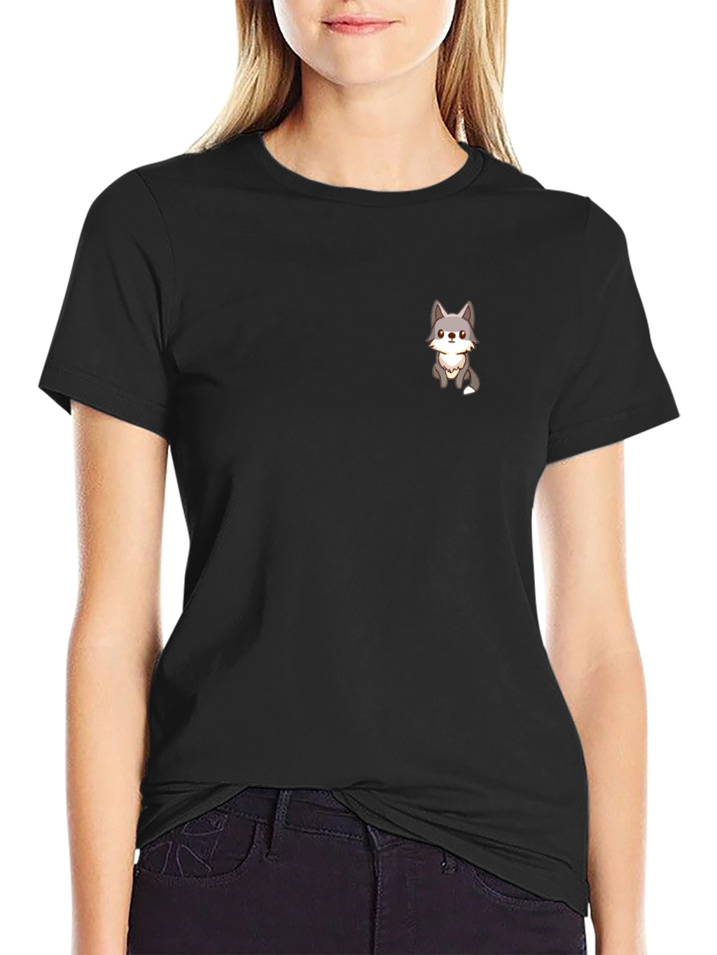 Cute Cartoon Wolf Graphic T-Shirt - Black