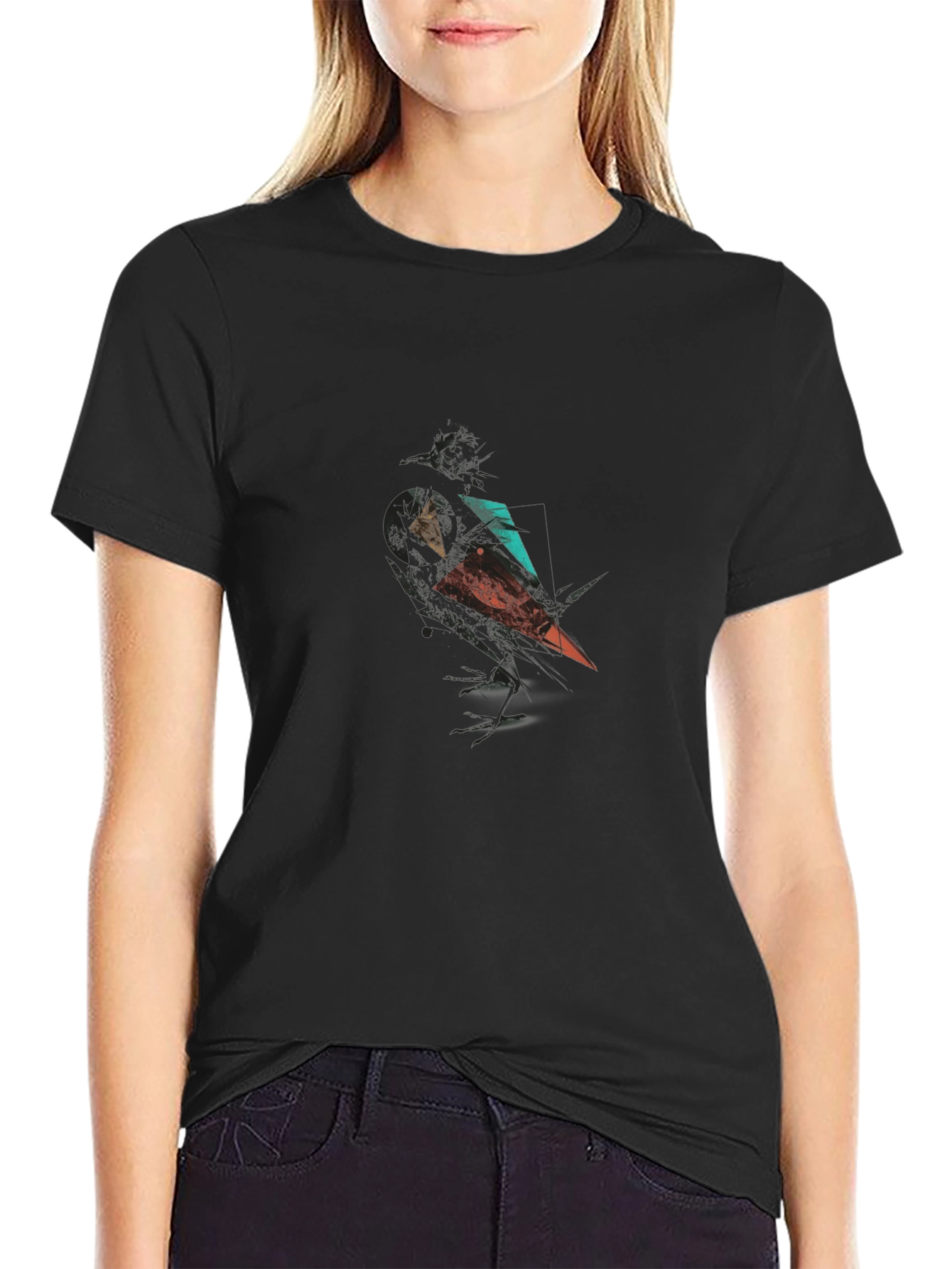 Abstract Crow Graphic Print Black T-Shirt