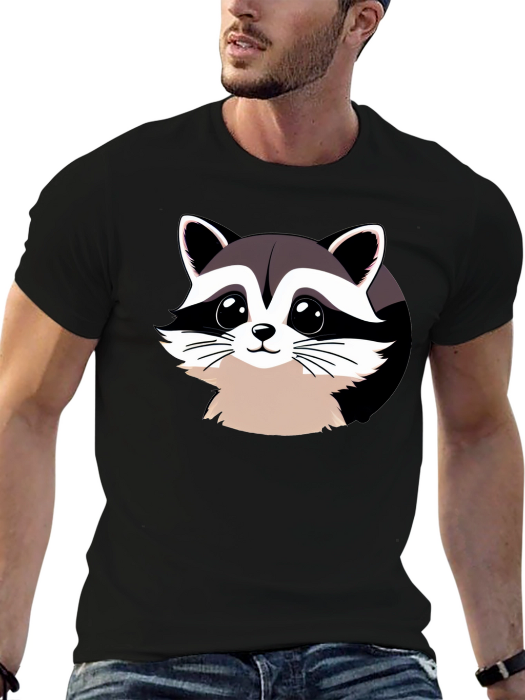 Cartoon Raccoon Graphic Black T-Shirt