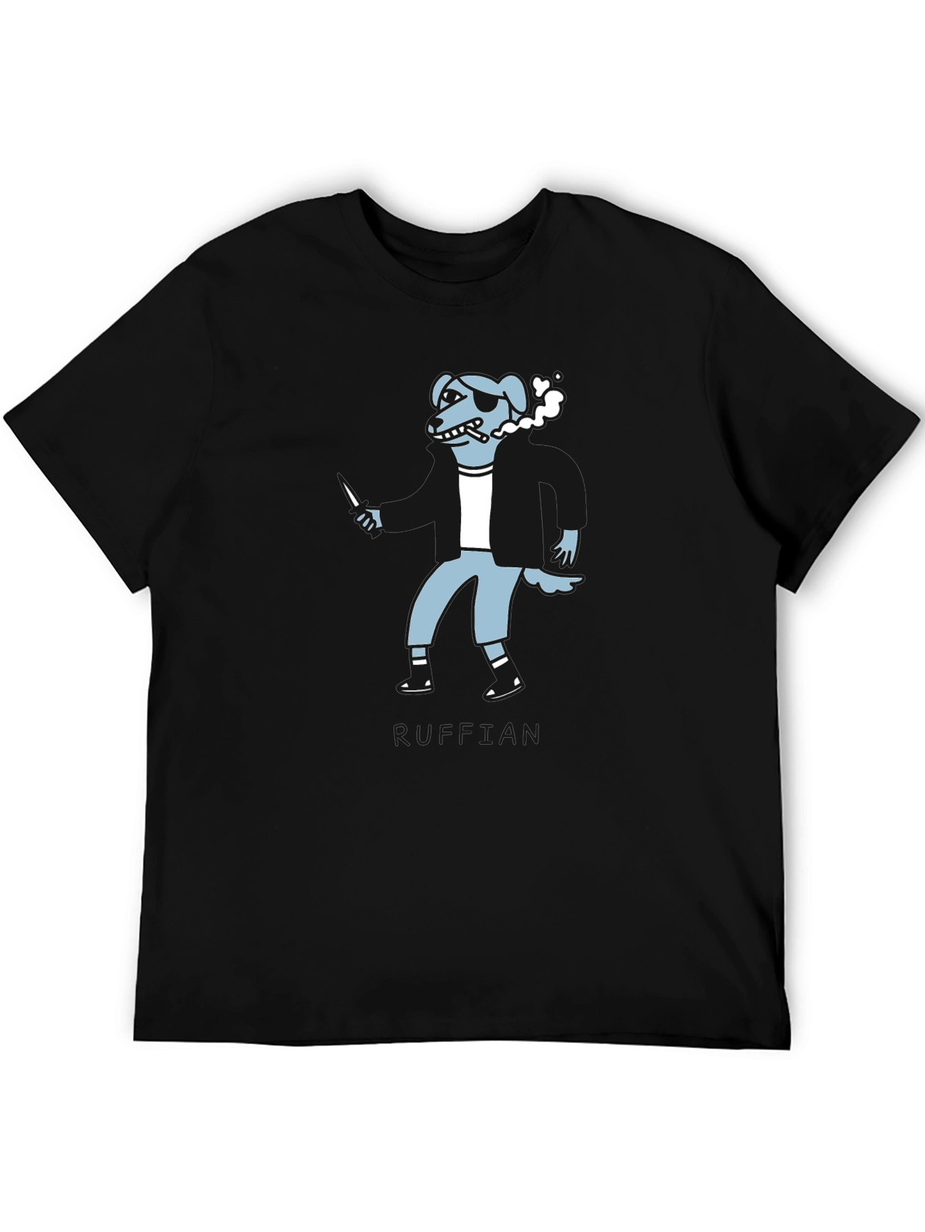 Edgy Cartoon Dog Graphic Tee - Black Crew Neck T-Shirt