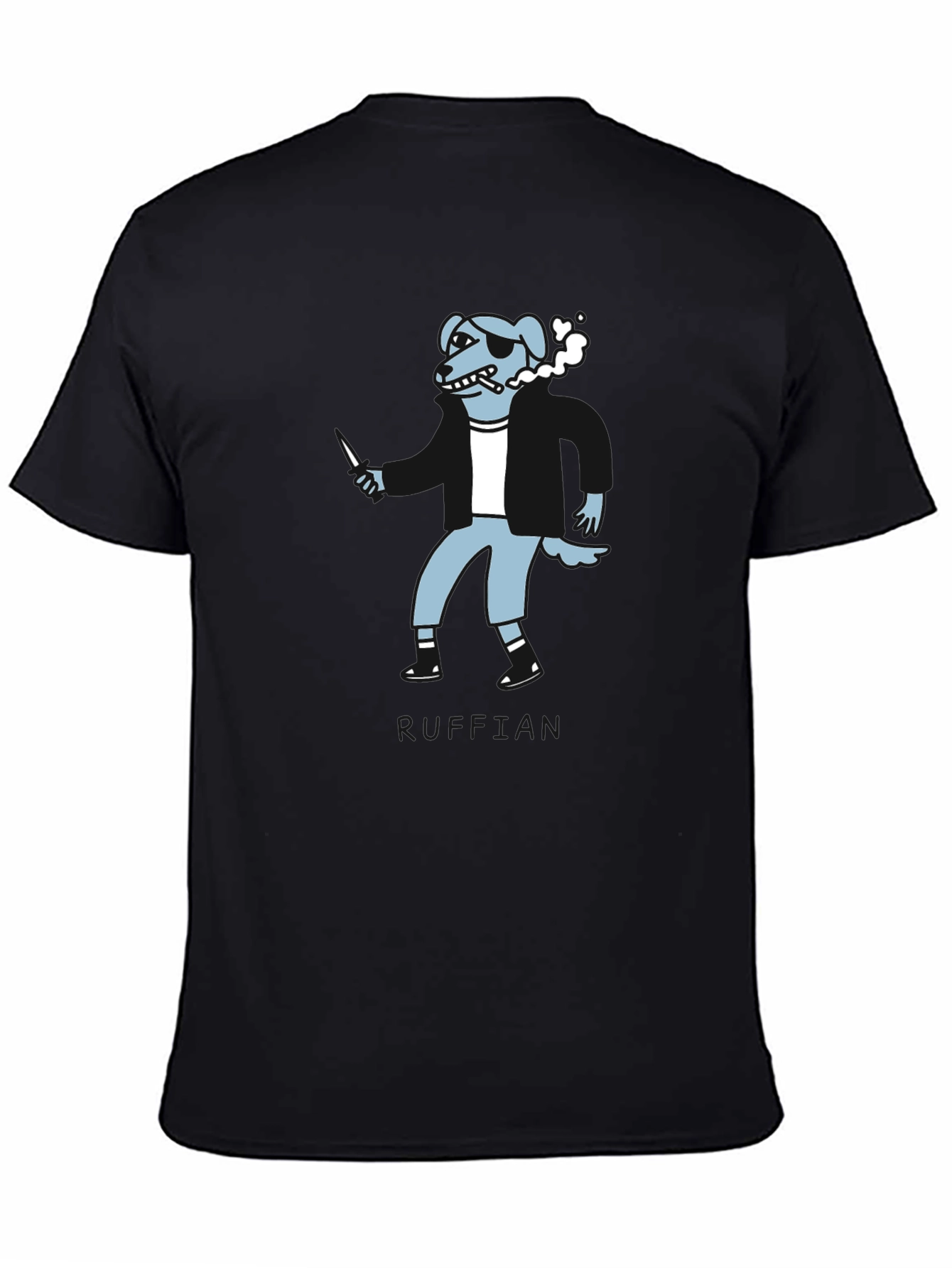 Edgy Cartoon Dog Graphic Tee - Black Crew Neck T-Shirt
