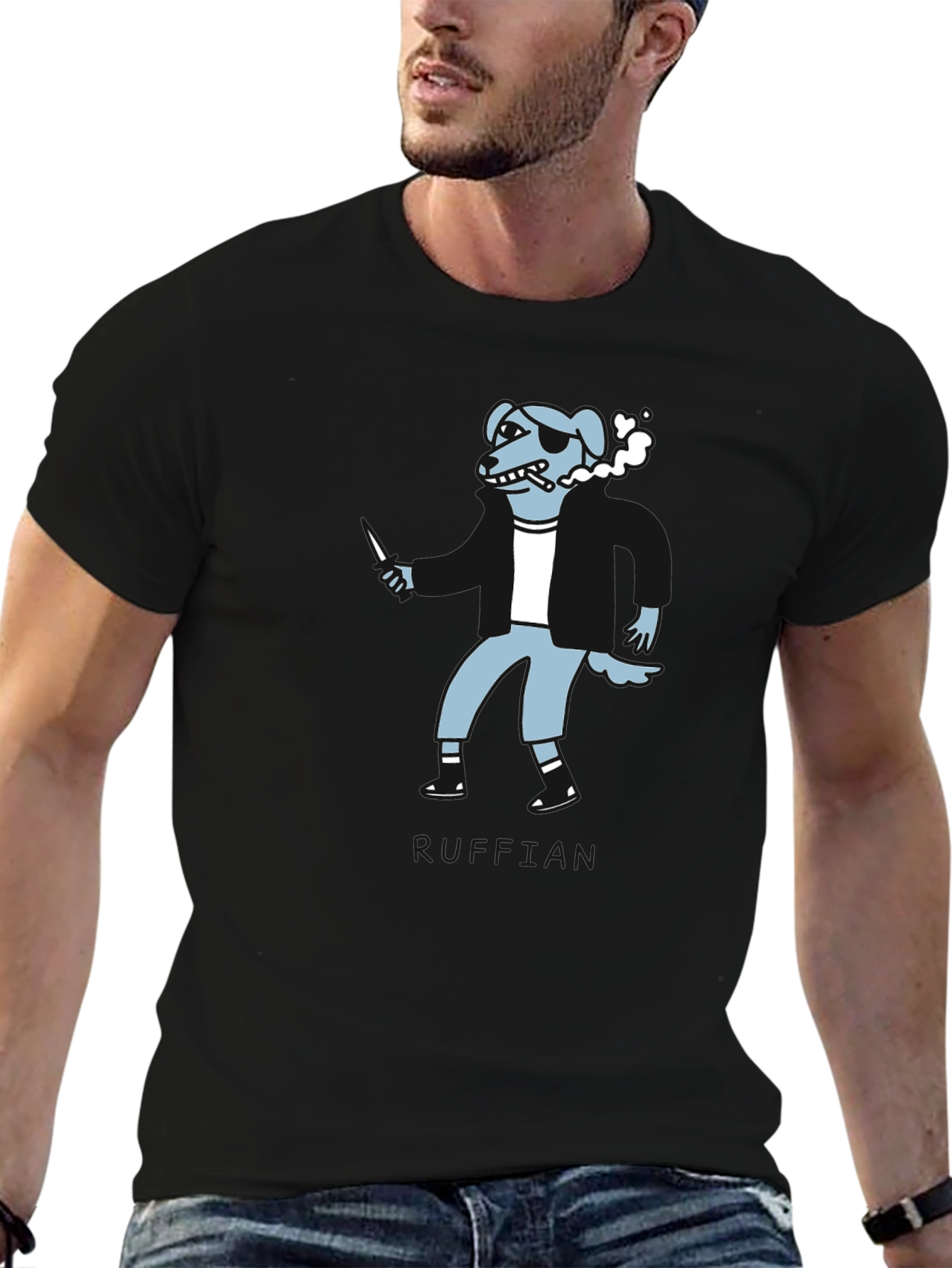 Edgy Cartoon Dog Graphic Tee - Black Crew Neck T-Shirt