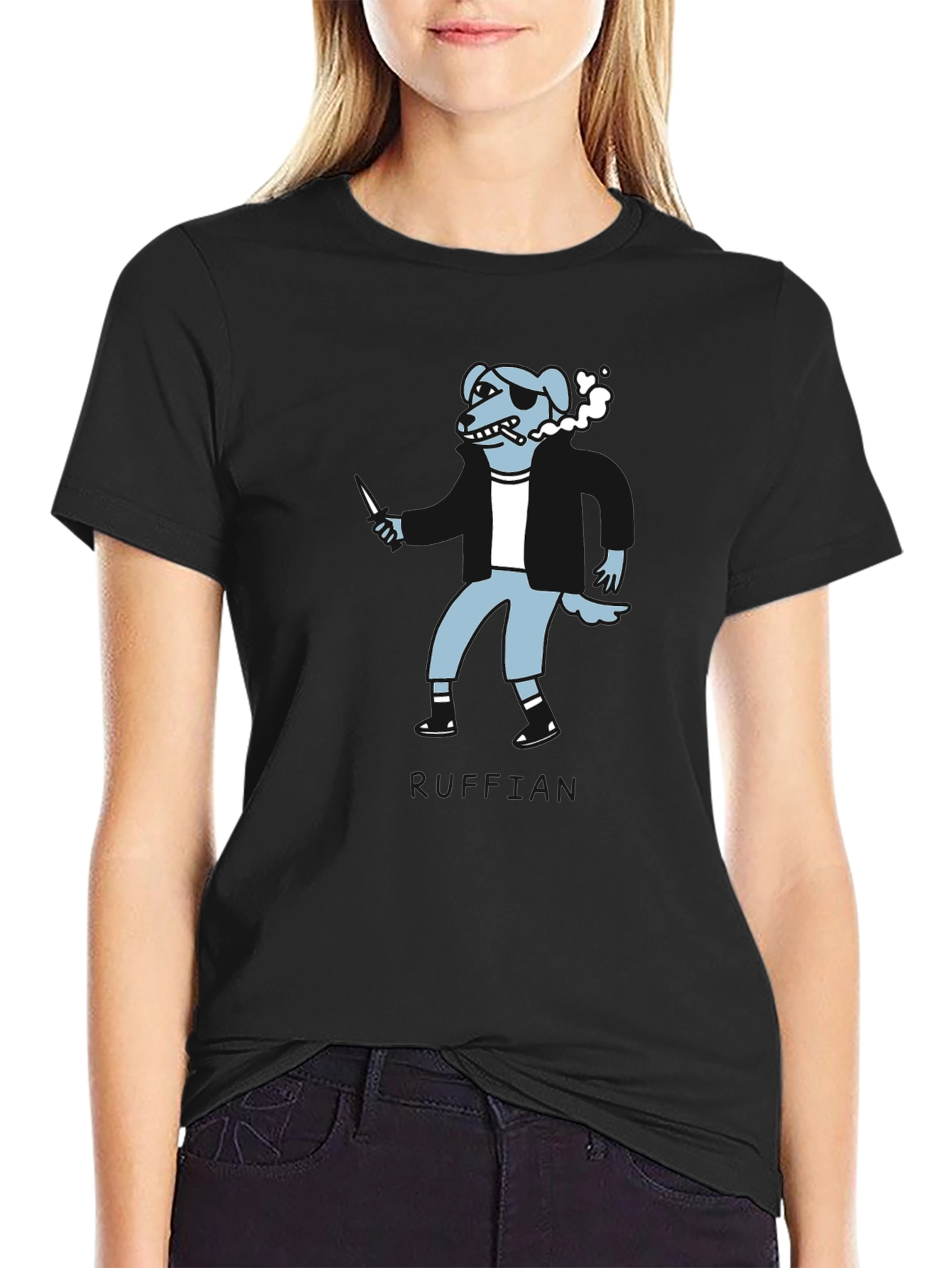 Edgy Cartoon Dog Graphic Tee - Black Crew Neck T-Shirt