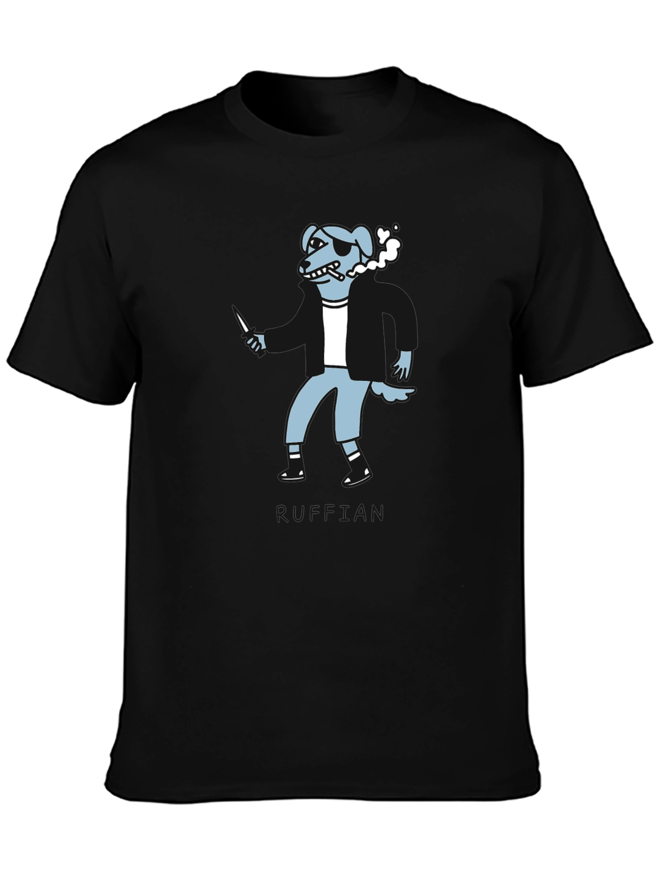 Edgy Cartoon Dog Graphic Tee - Black Crew Neck T-Shirt