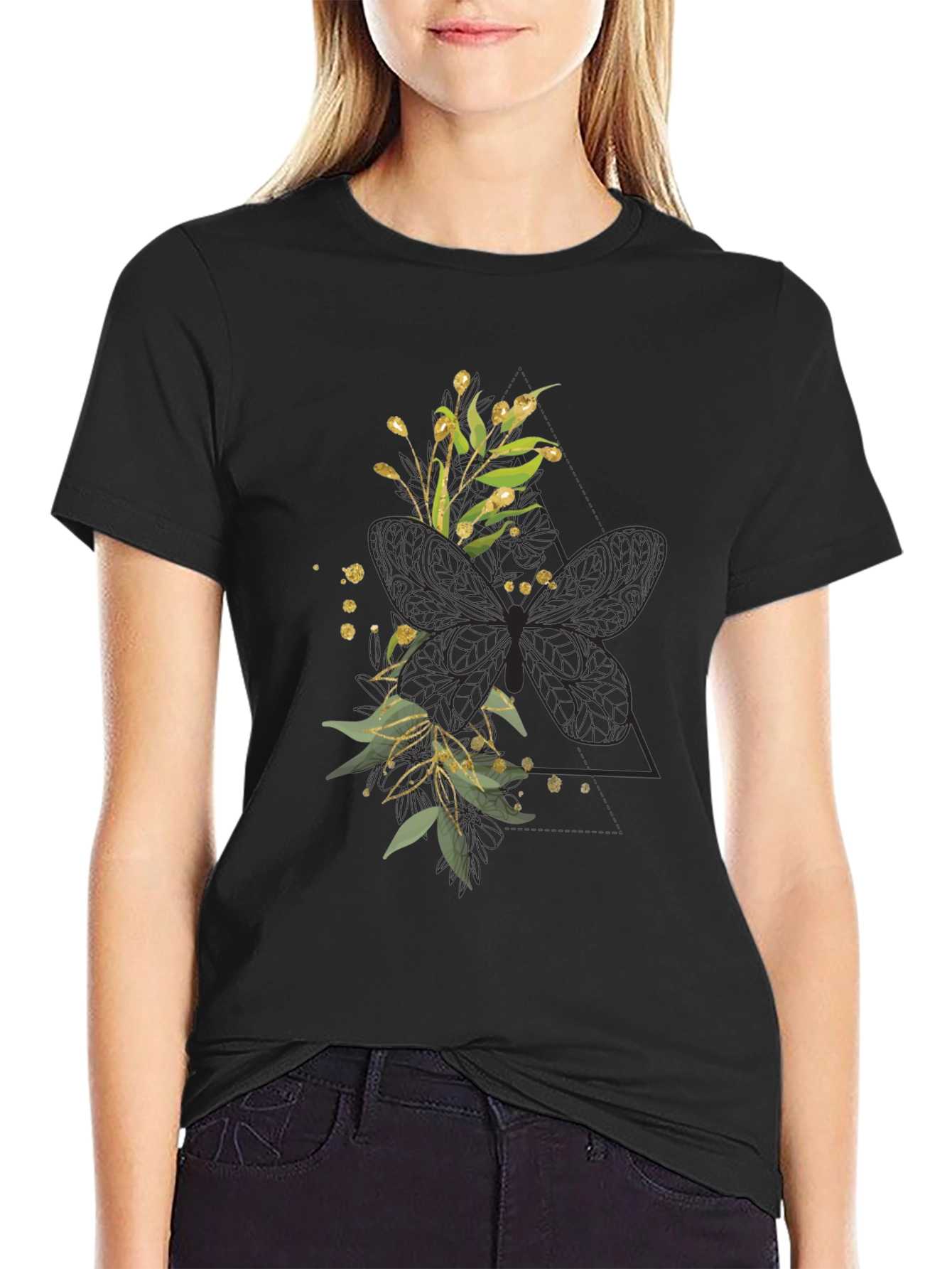 Floral Butterfly Graphic Tee - Stylish Black T-Shirt