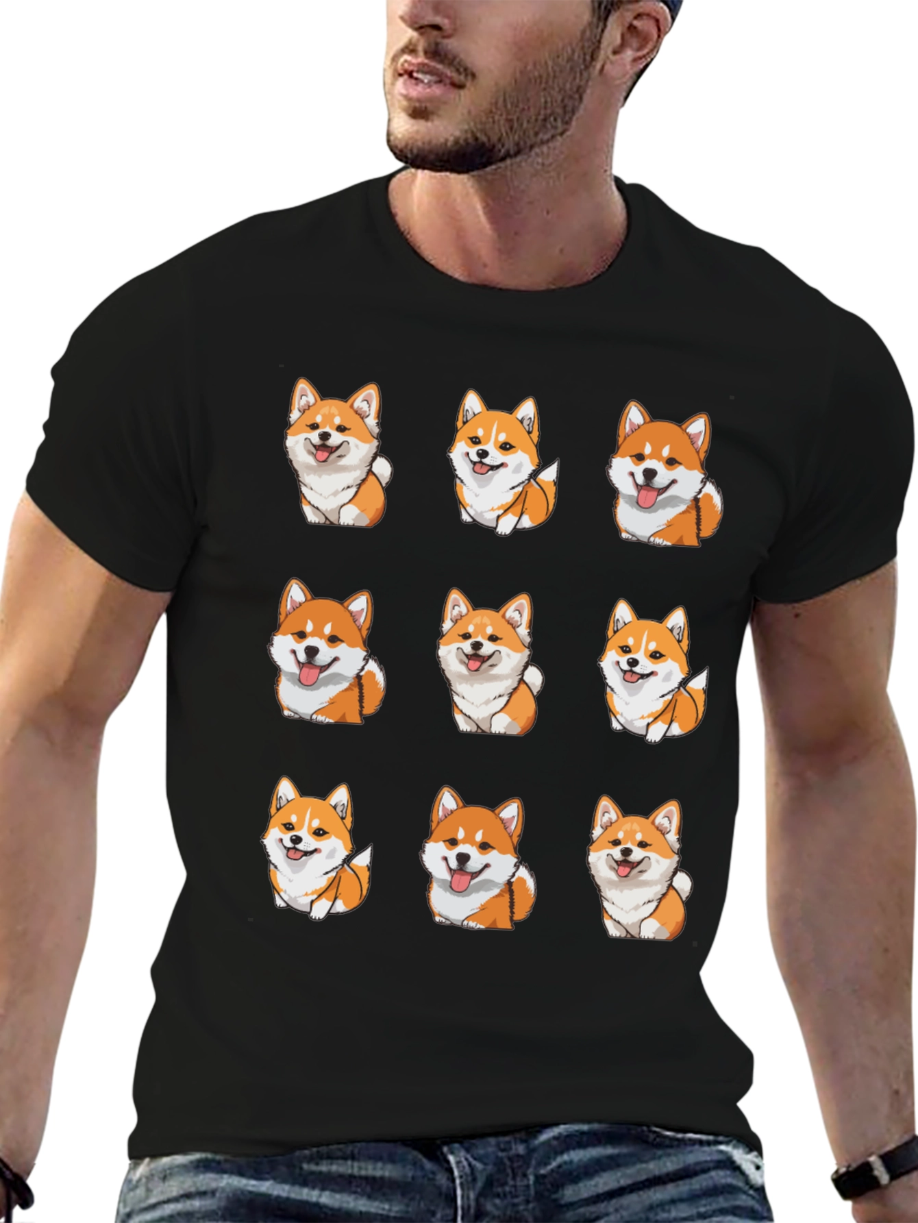 Cute Corgi Dog Pattern T-Shirt - Black