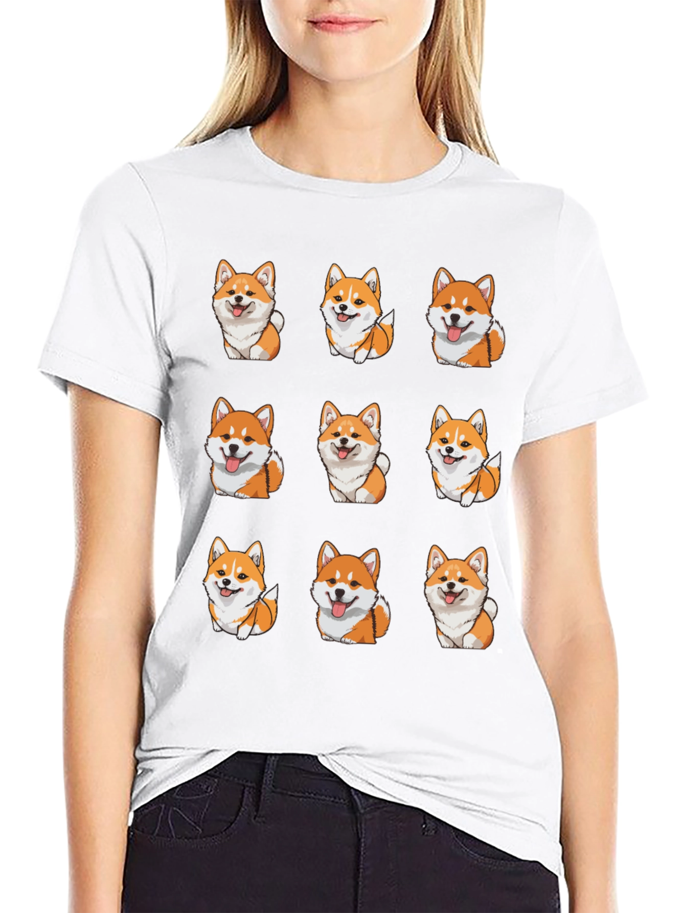 Cute Corgi Dog Pattern T-Shirt - Black