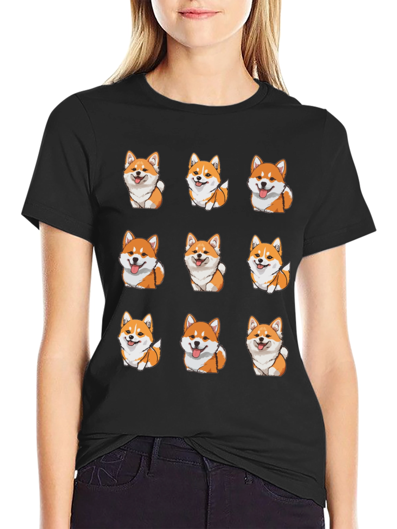Cute Corgi Dog Pattern T-Shirt - Black