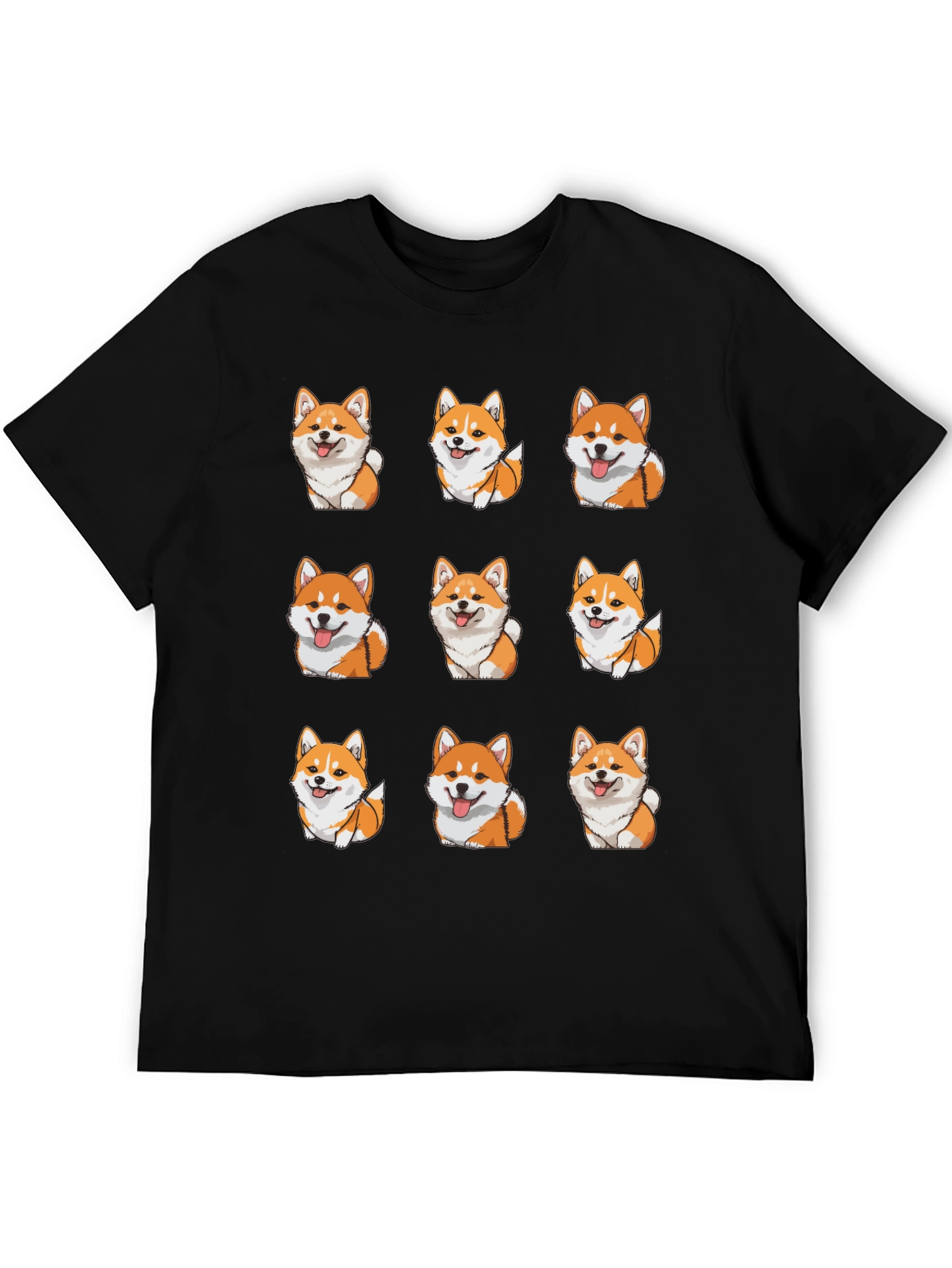 Cute Corgi Dog Pattern T-Shirt - Black