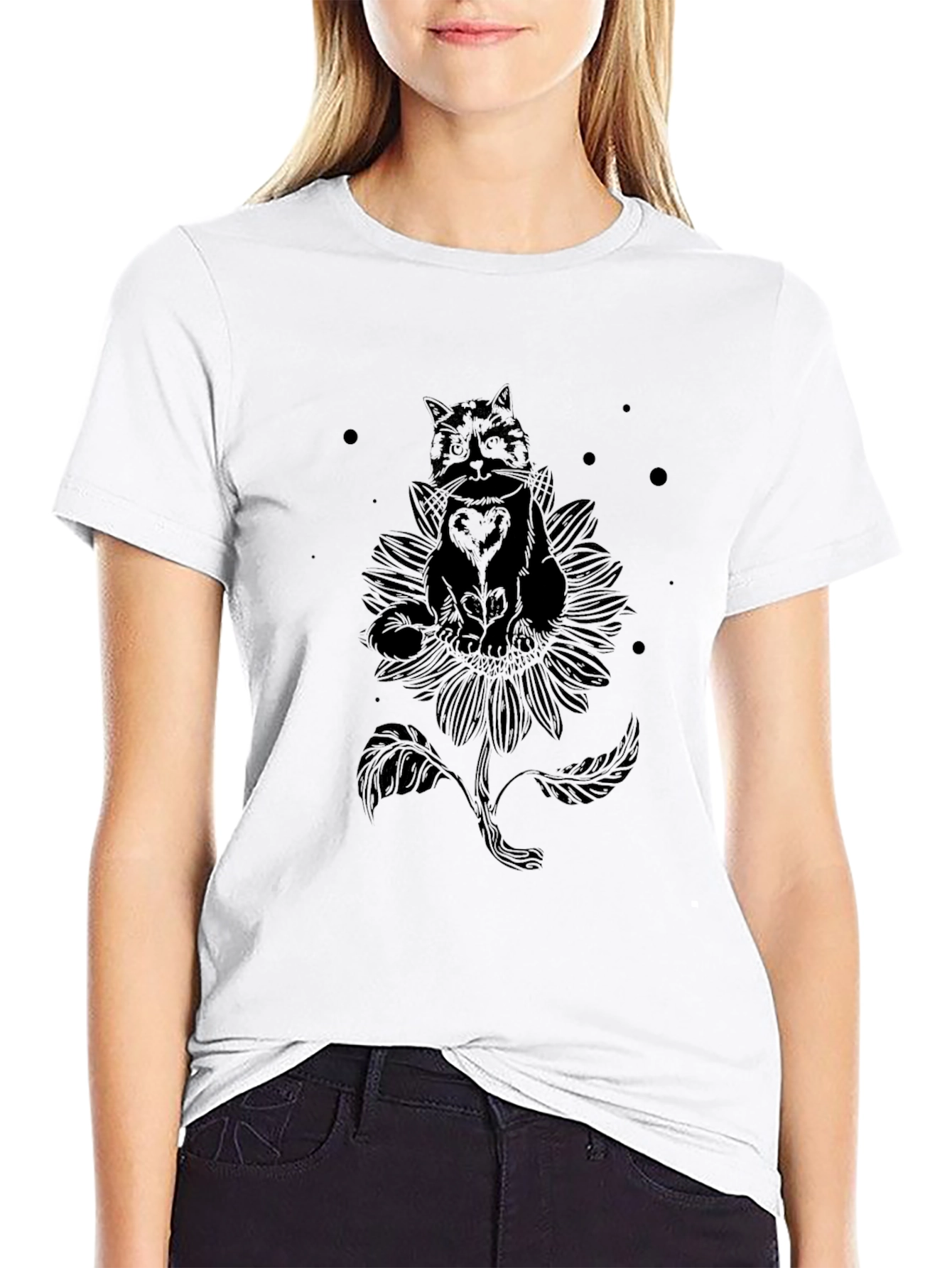 Black Cat Sunflower Graphic Tee