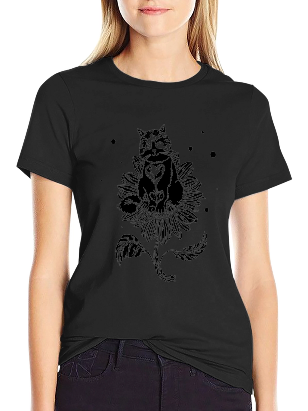 Black Cat Sunflower Graphic Tee