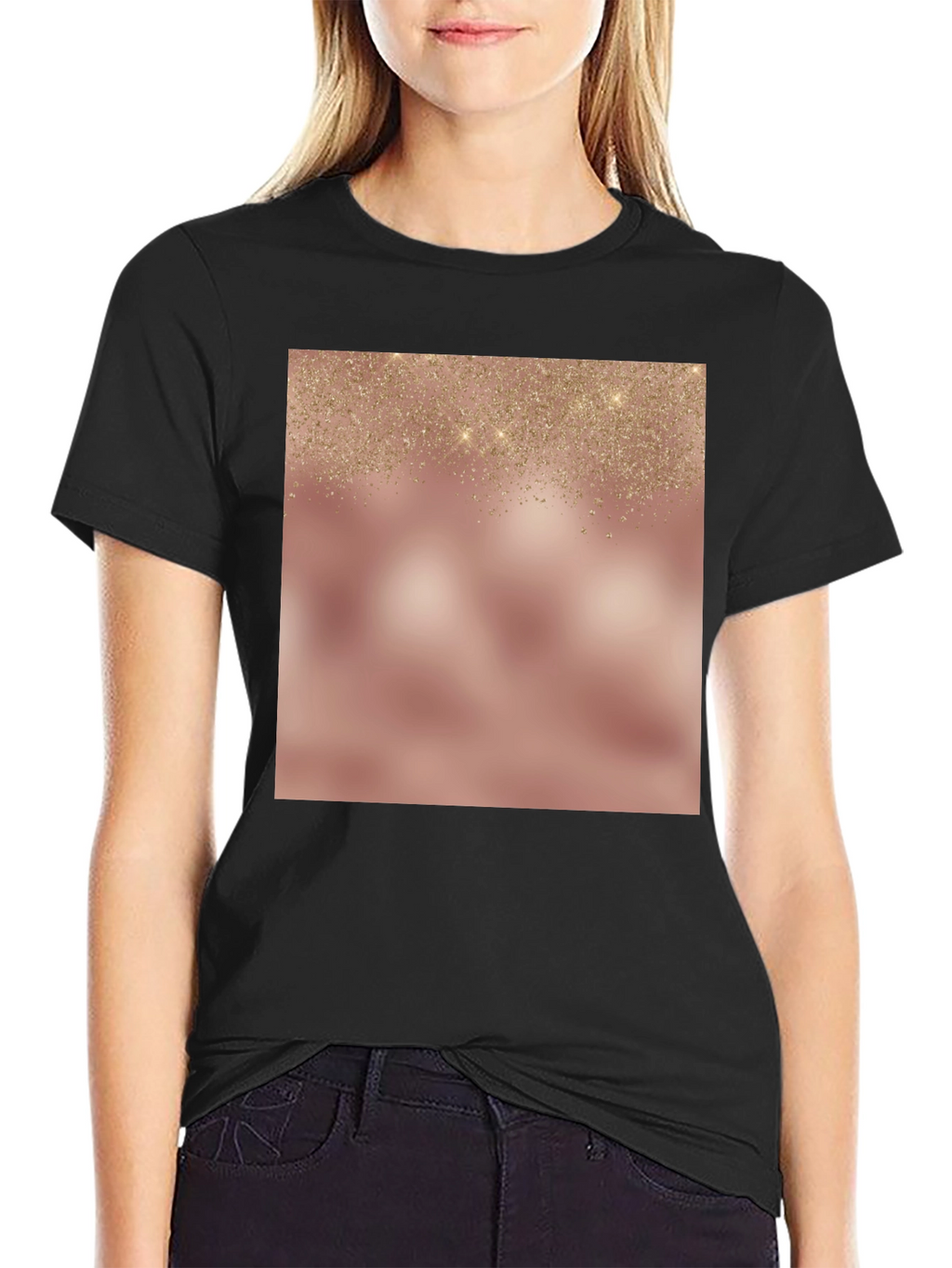 Elegant Glitter Overlay Black T-Shirt