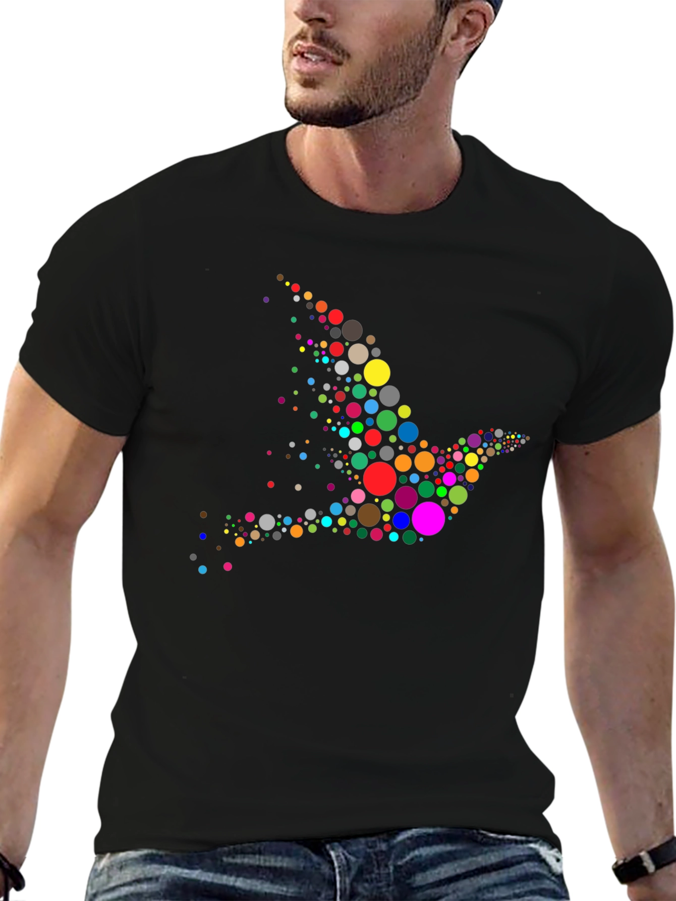 Colorful Dove Graphic Print Black T-Shirt