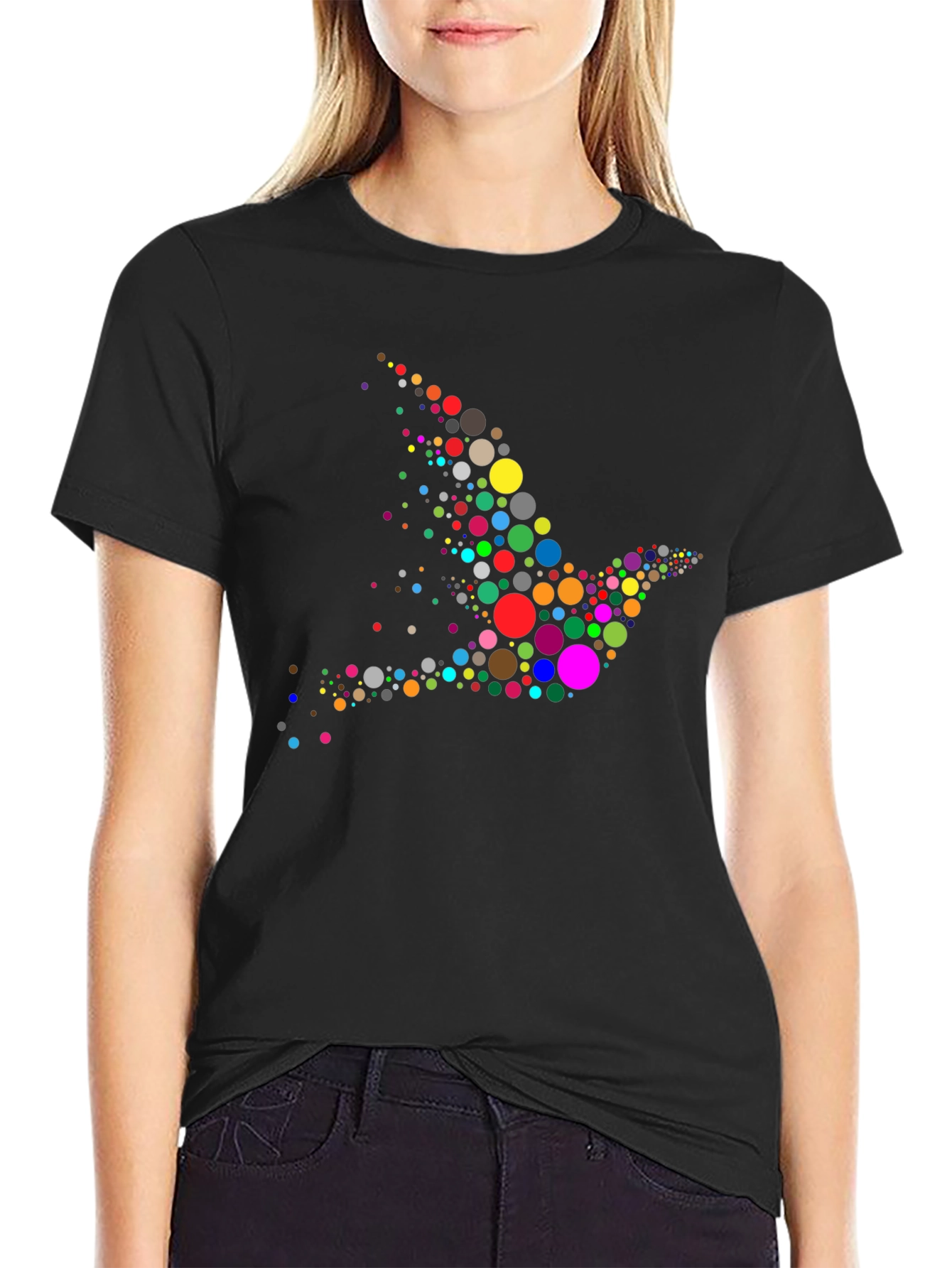 Colorful Dove Graphic Print Black T-Shirt