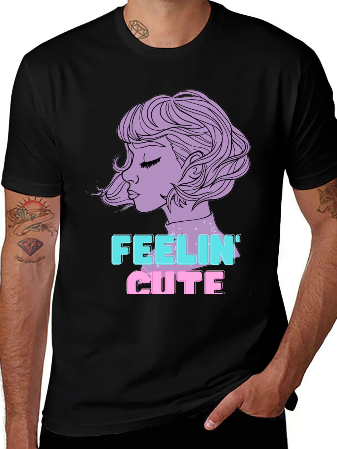 Feelin Cute Graphic Tee - Black Cotton Blend T-Shirt