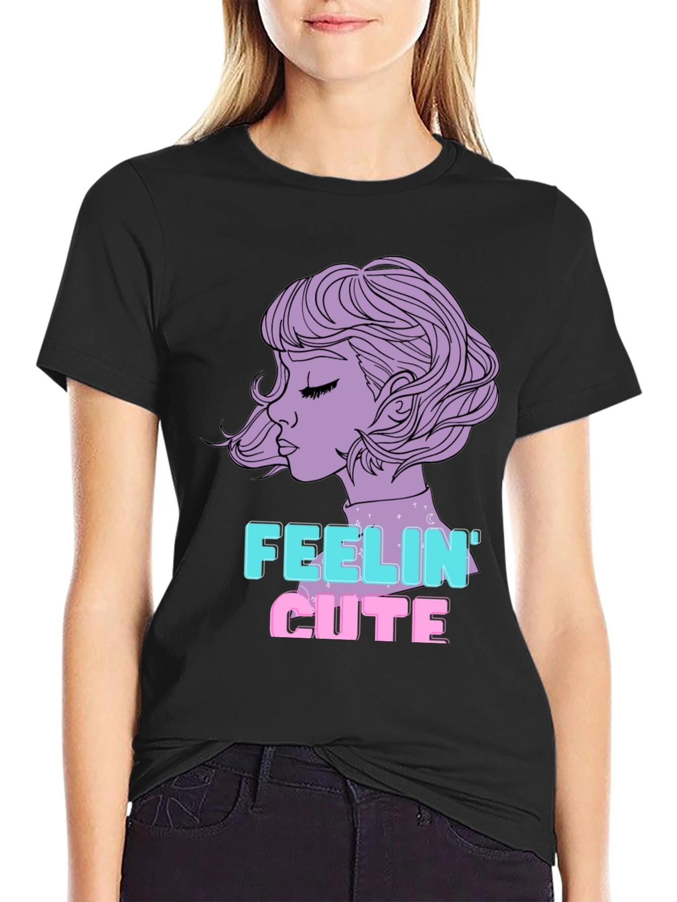 Feelin Cute Graphic Tee - Black Cotton Blend T-Shirt