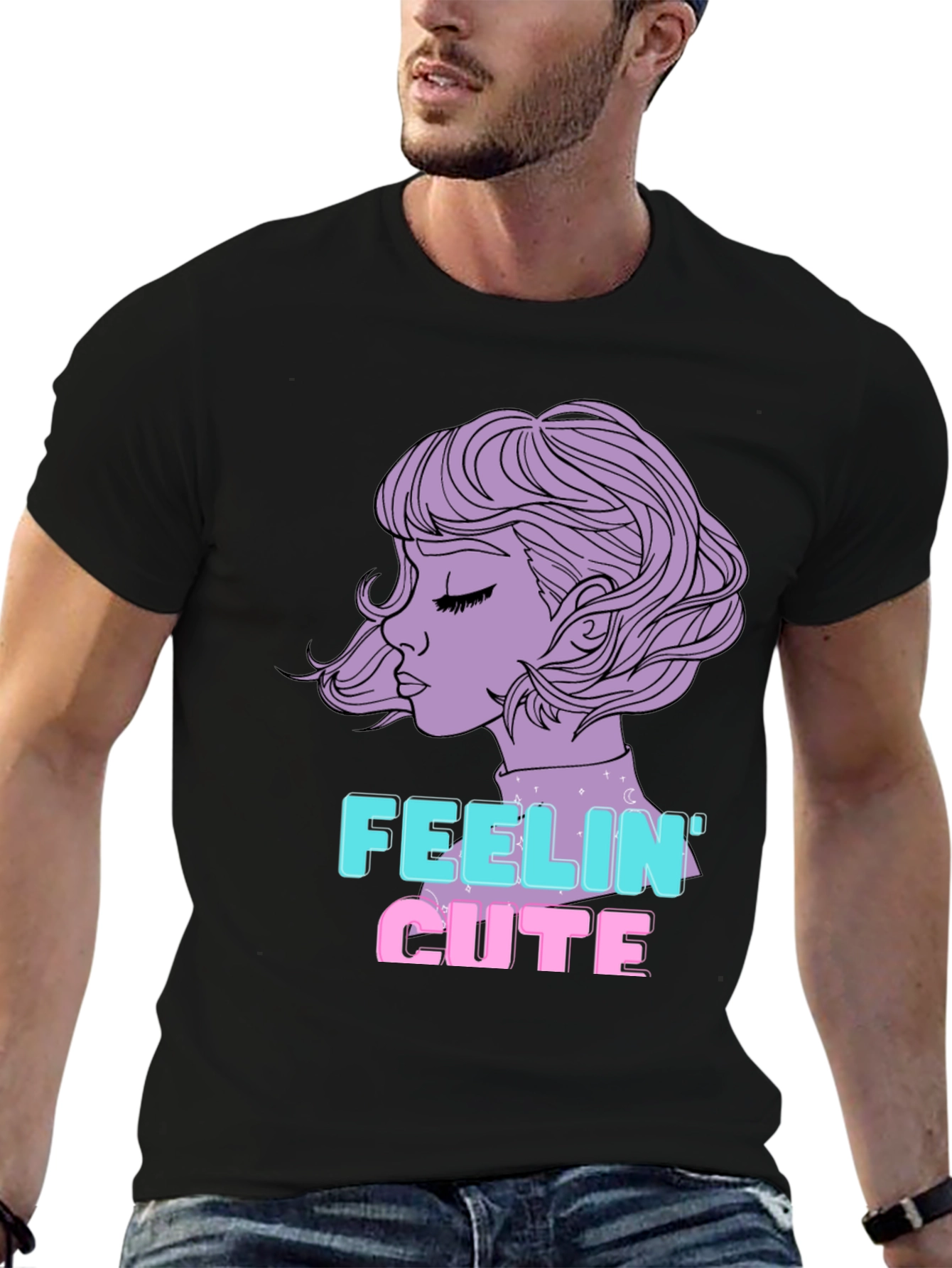 Feelin Cute Graphic Tee - Black Cotton Blend T-Shirt