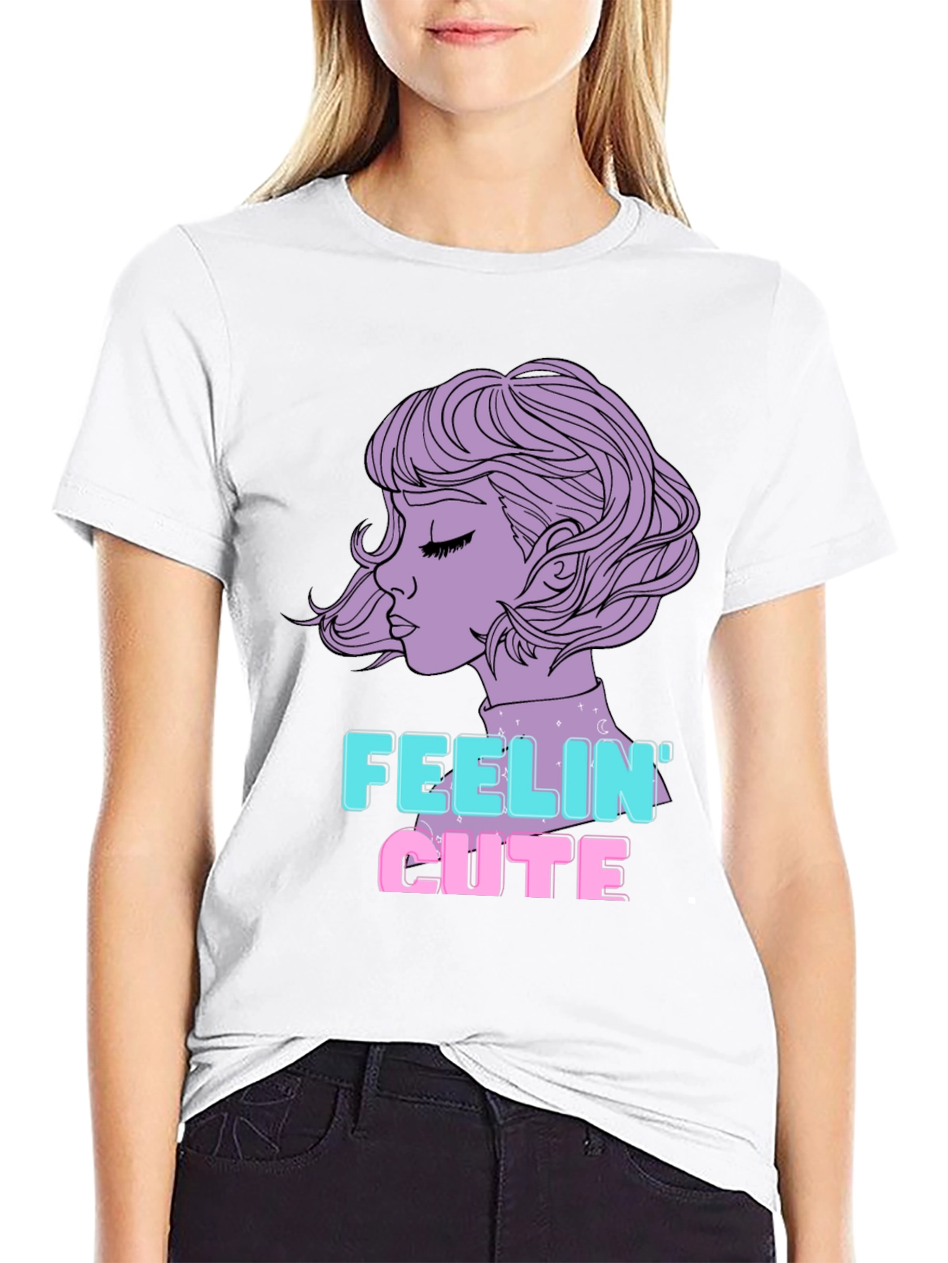 Feelin Cute Graphic Tee - Black Cotton Blend T-Shirt