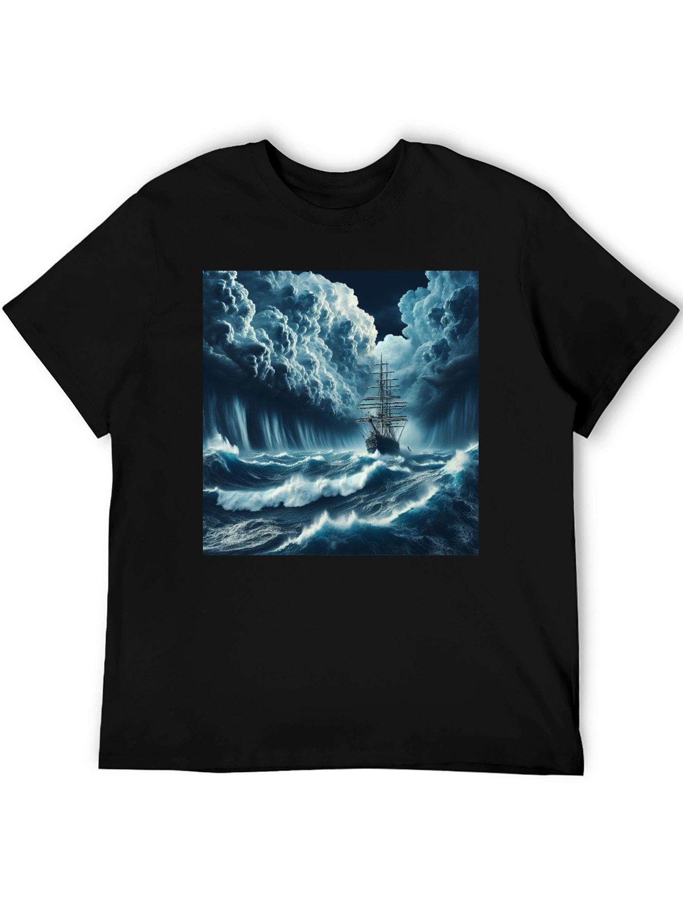 Stormy Sea Ship Graphic Tee - Black