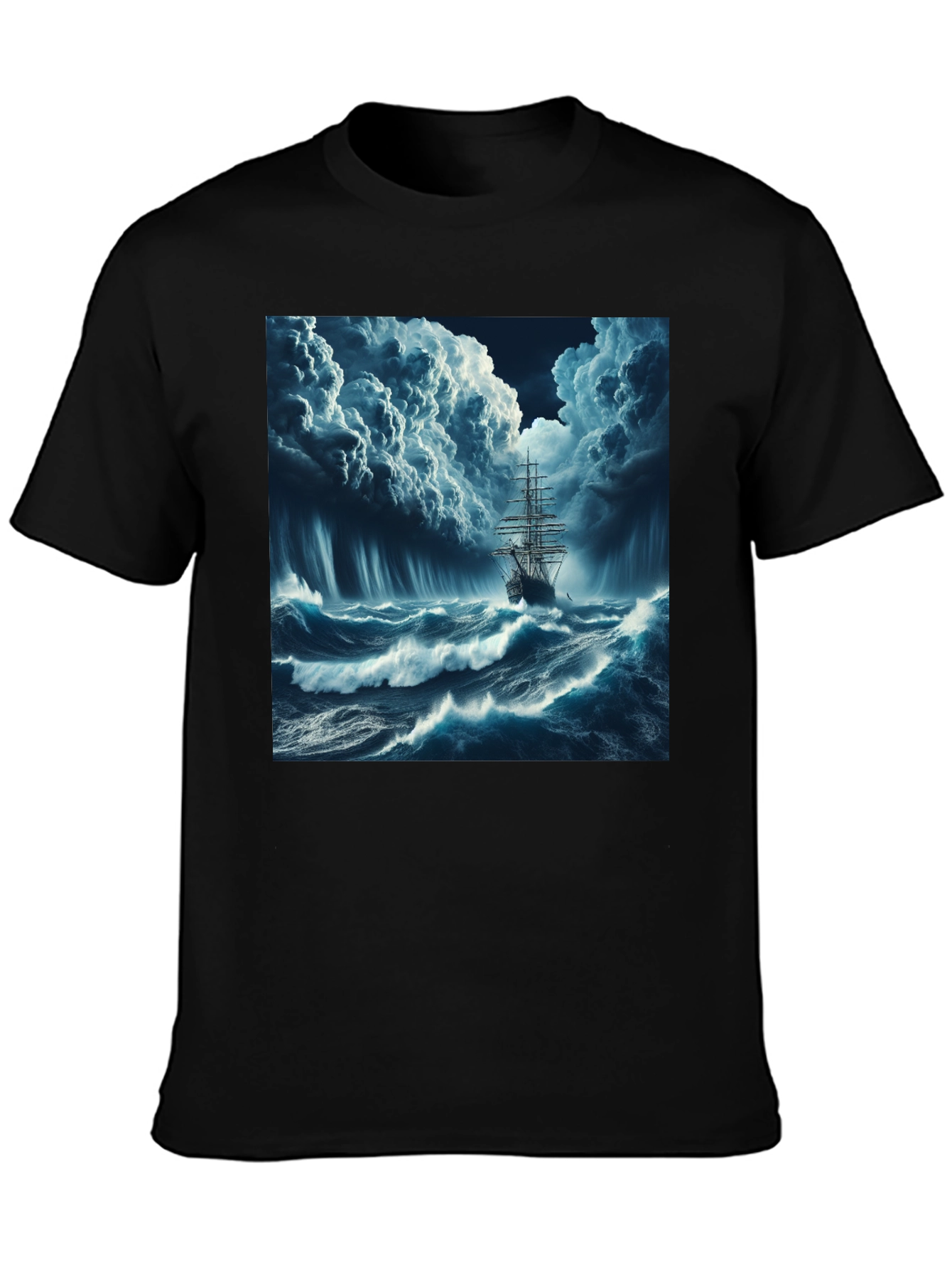 Stormy Sea Ship Graphic Tee - Black